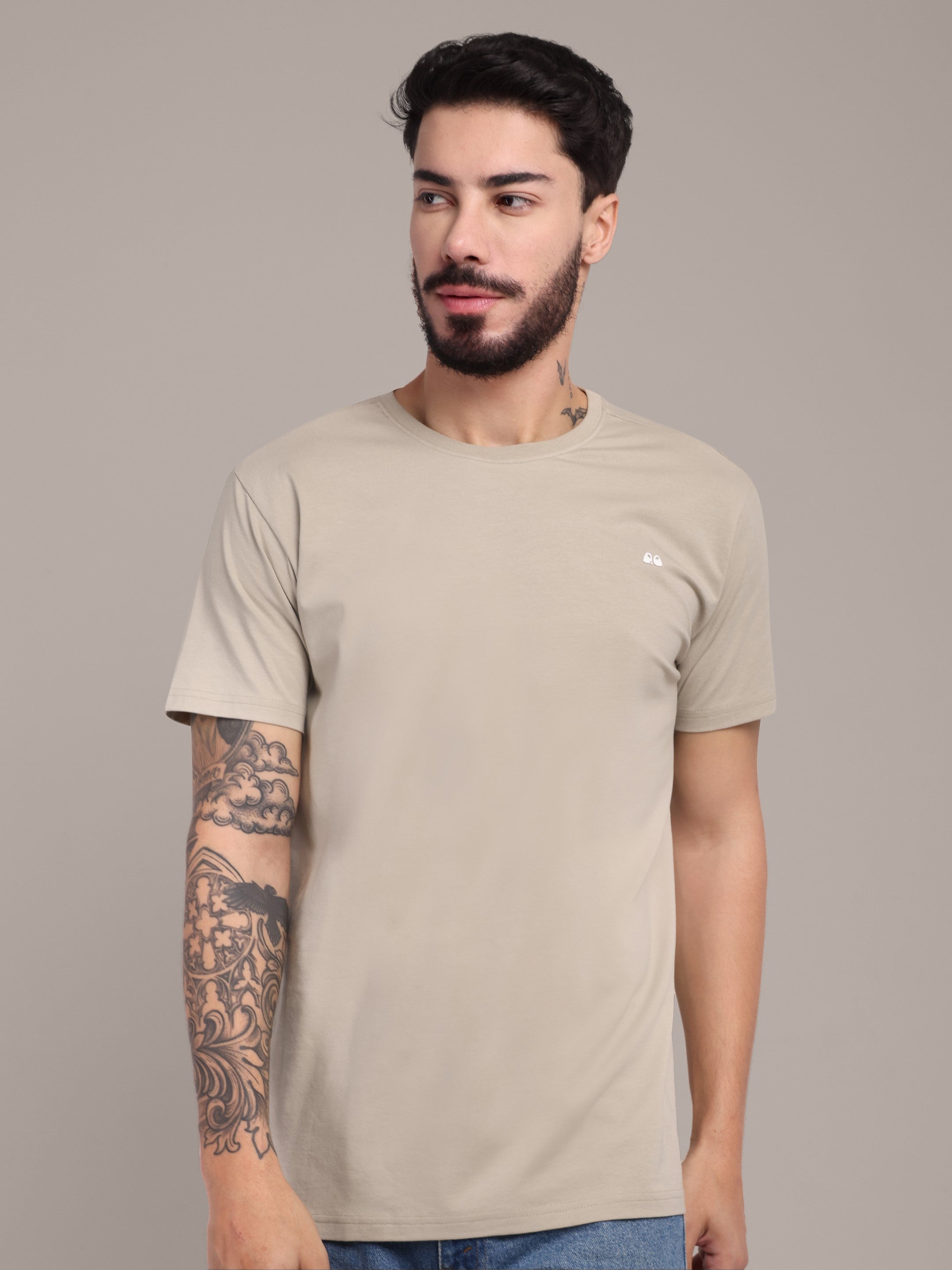 Men's Beige Anti-Stain Cotton Round Neck T-Shirt