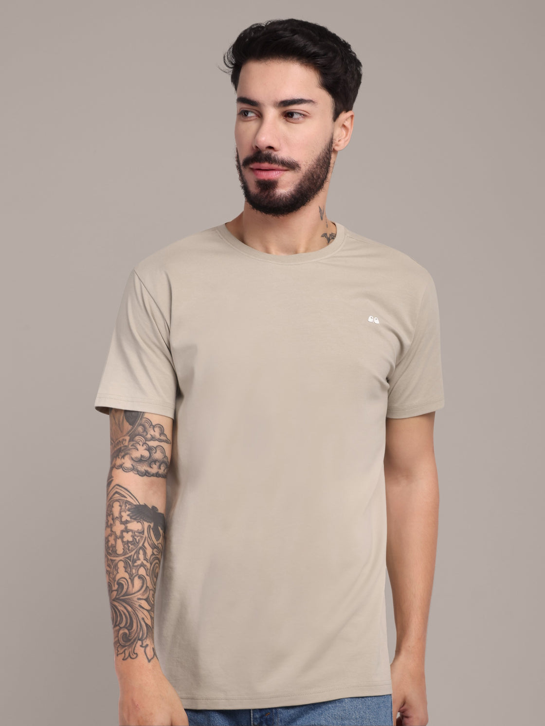 Men's Beige Anti-Stain Cotton Round Neck T-Shirt
