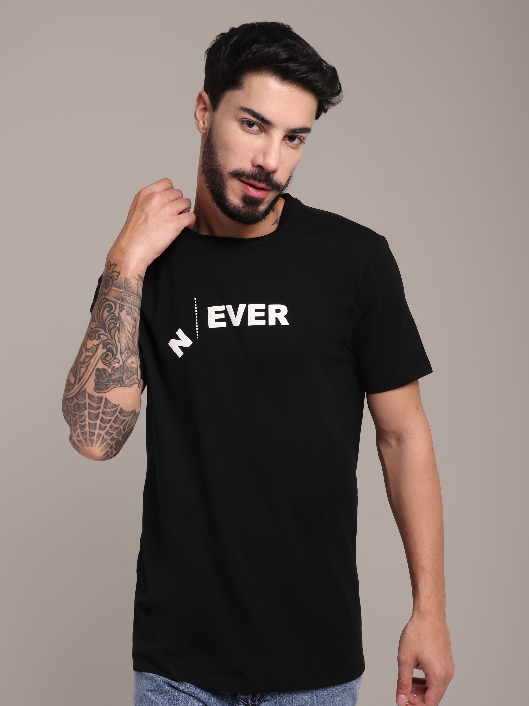 Men's Black Printed Anti-Stain Cotton Round-Neck T-Shirt