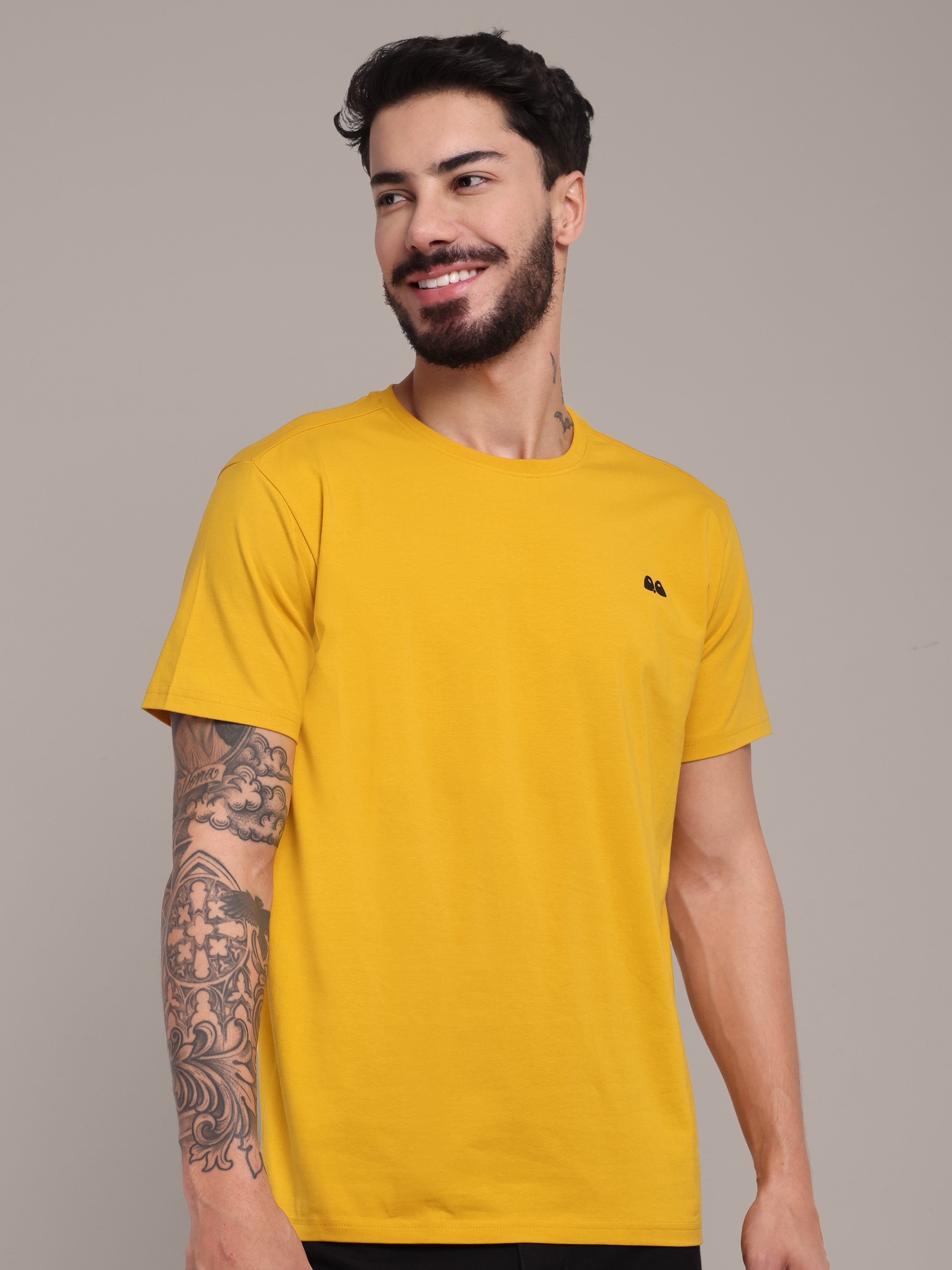 Men's Mustard Anti-Stain Cotton Round Neck T-Shirt