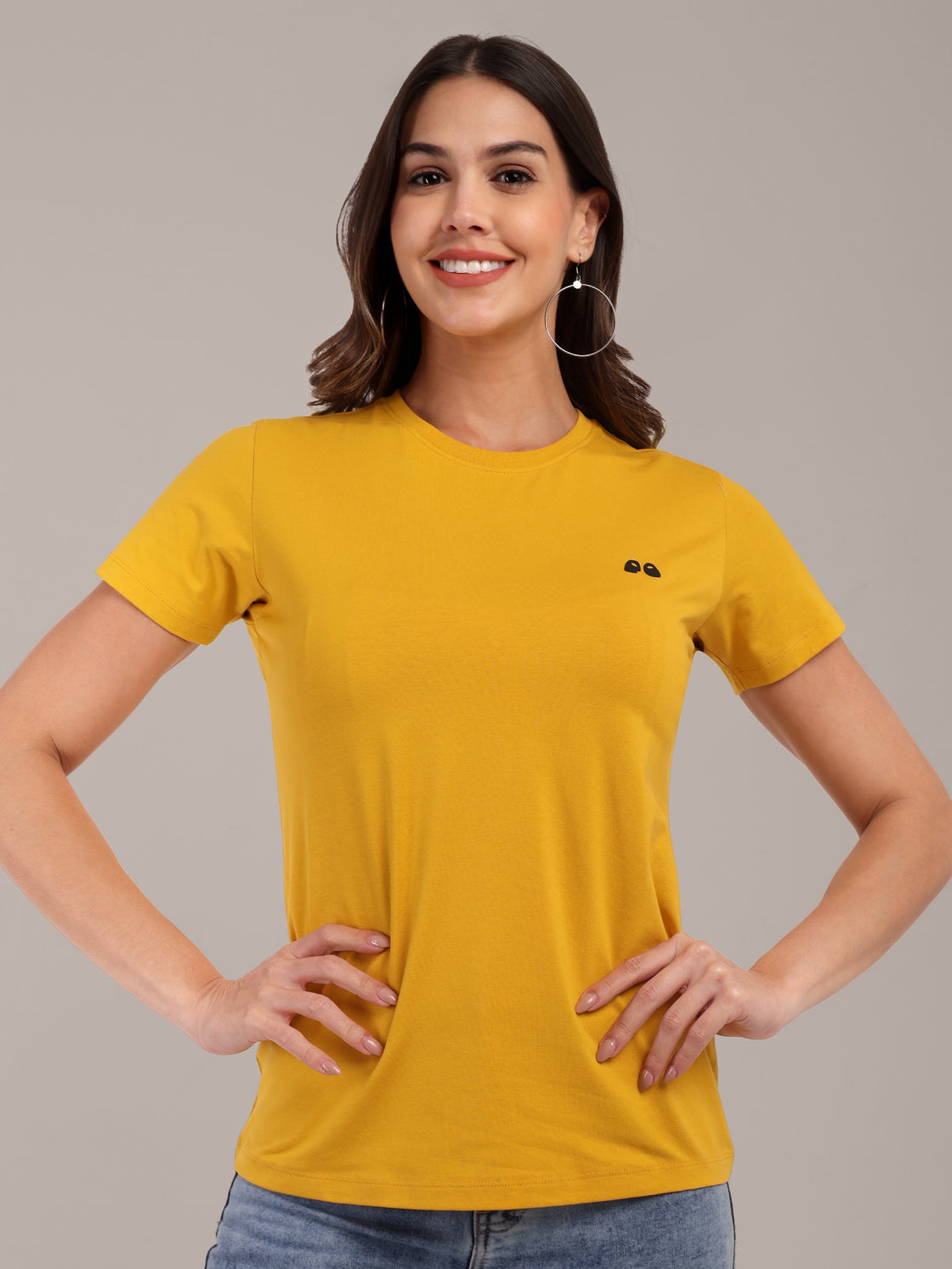 Woman Mustard Anti-Stain Cotton Round-Neck T-Shirt