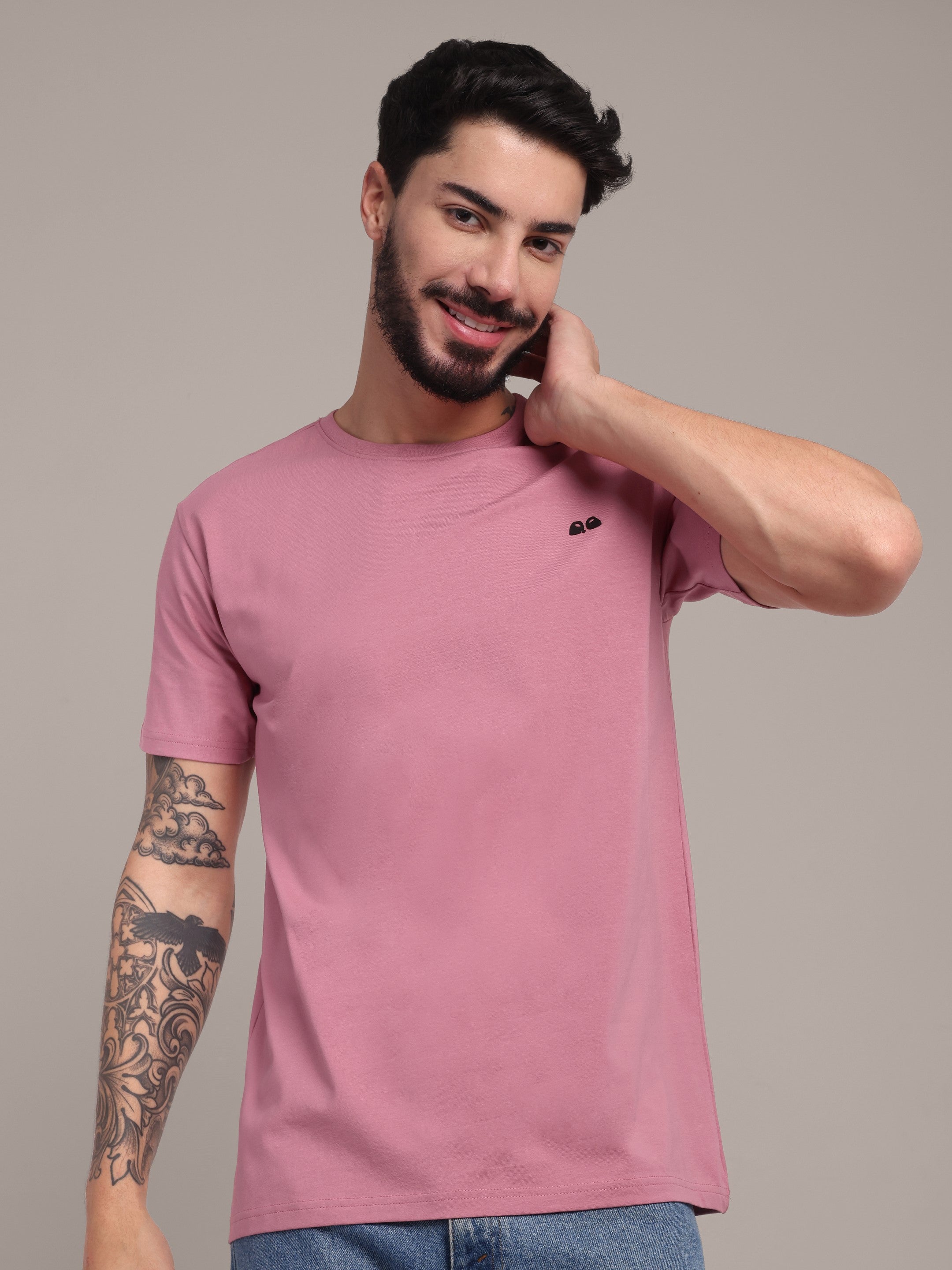 VANDEE Men's Mauve Anti-Stain Cotton Round Neck T-Shirt