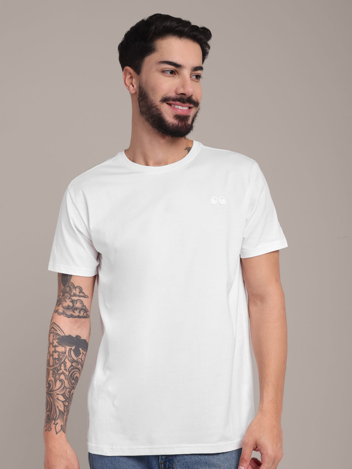 Men's White Anti-Stain Cotton Round Neck T-Shirt