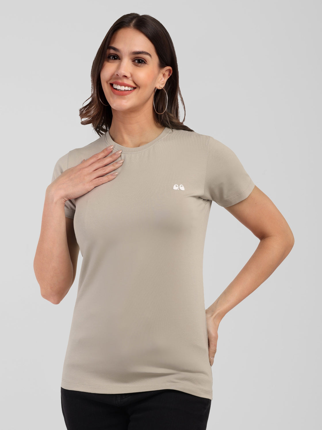 Woman Cement Gray Anti-Stain Cotton Round-Neck T-Shirt