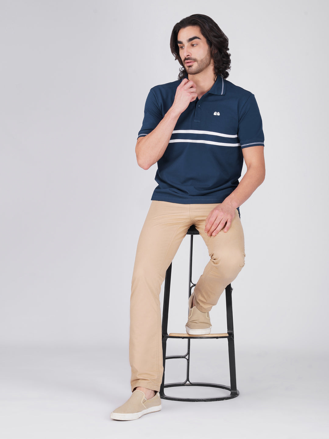 Men's  - Blue double-stripe Organic Cotton Polo T-Shirt with Anti Stain, Anti-Microbial Protection.