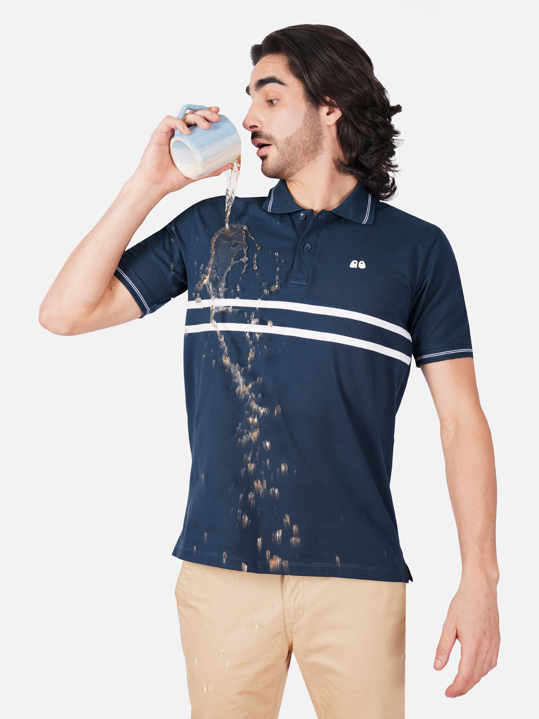 Men's  - Blue double-stripe Organic Cotton Polo T-Shirt with Anti Stain, Anti-Microbial Protection.
