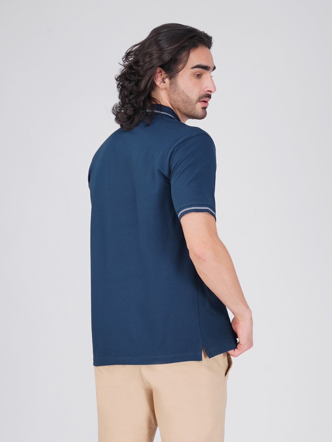 Men's  - Blue double-stripe Organic Cotton Polo T-Shirt with Anti Stain, Anti-Microbial Protection.