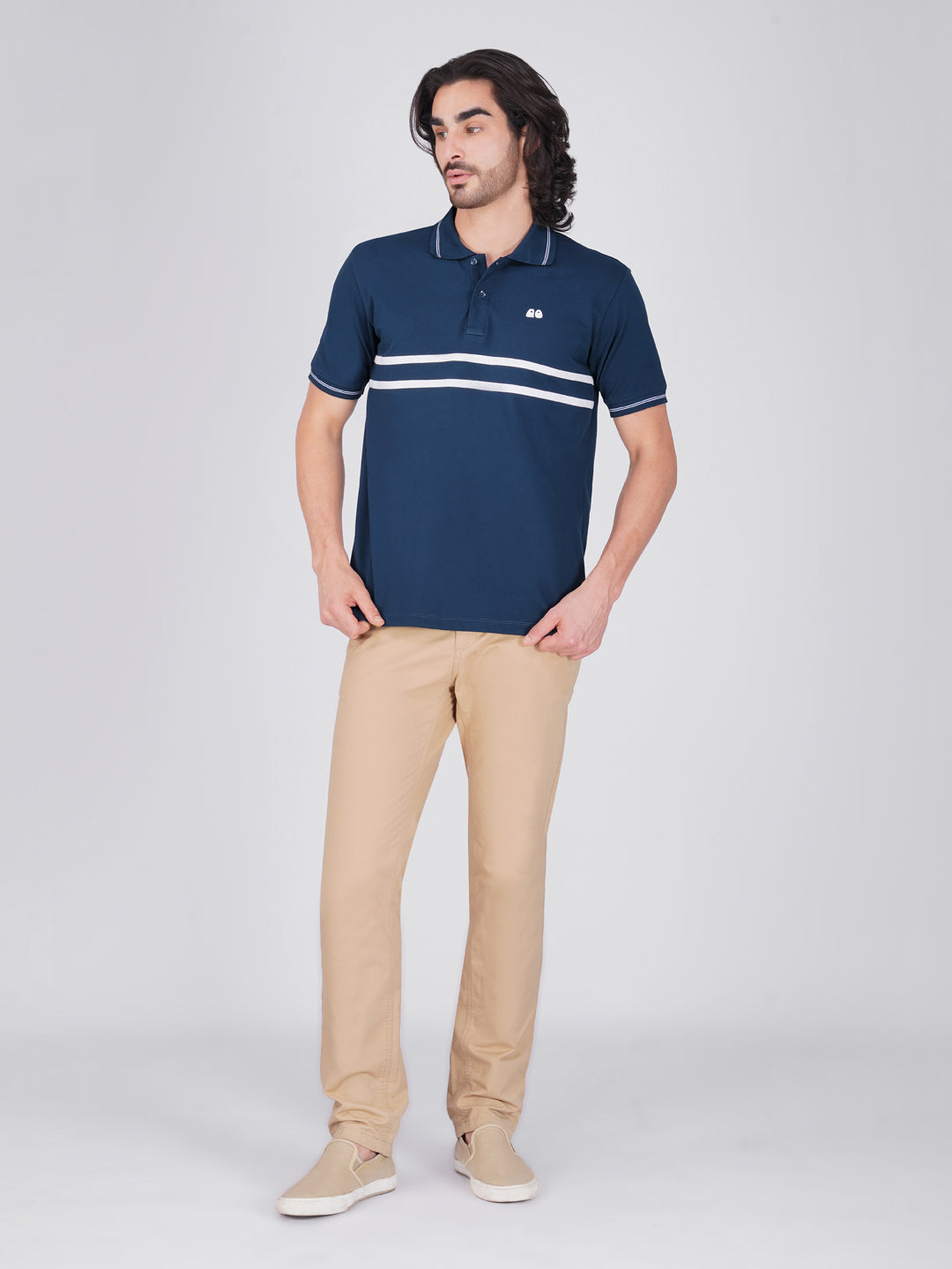 Men's  - Blue double-stripe Organic Cotton Polo T-Shirt with Anti Stain, Anti-Microbial Protection.