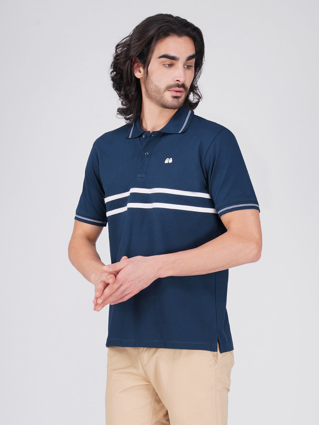 Men's  - Blue double-stripe Organic Cotton Polo T-Shirt with Anti Stain, Anti-Microbial Protection.