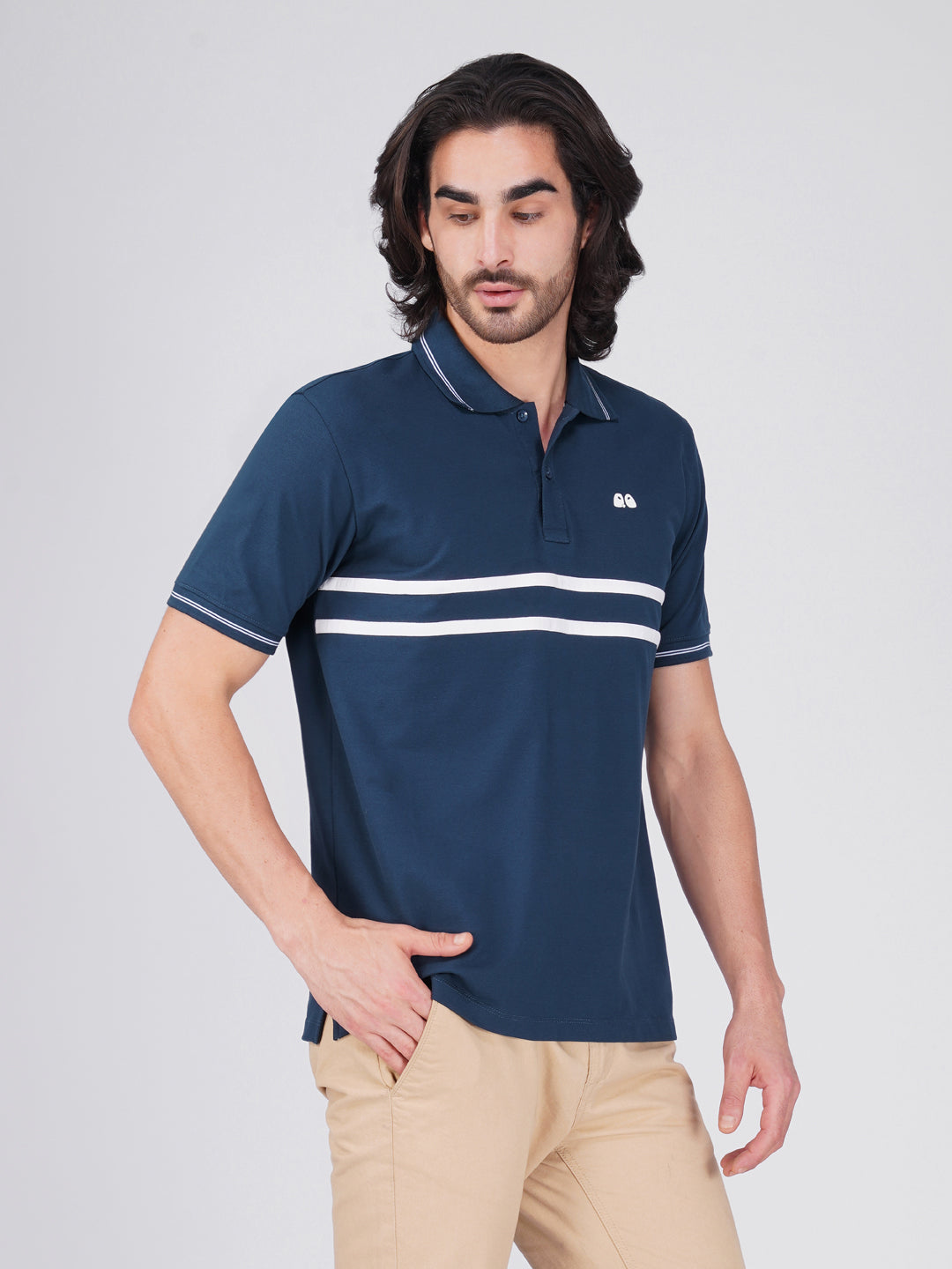 Men's  - Blue double-stripe Organic Cotton Polo T-Shirt with Anti Stain, Anti-Microbial Protection.