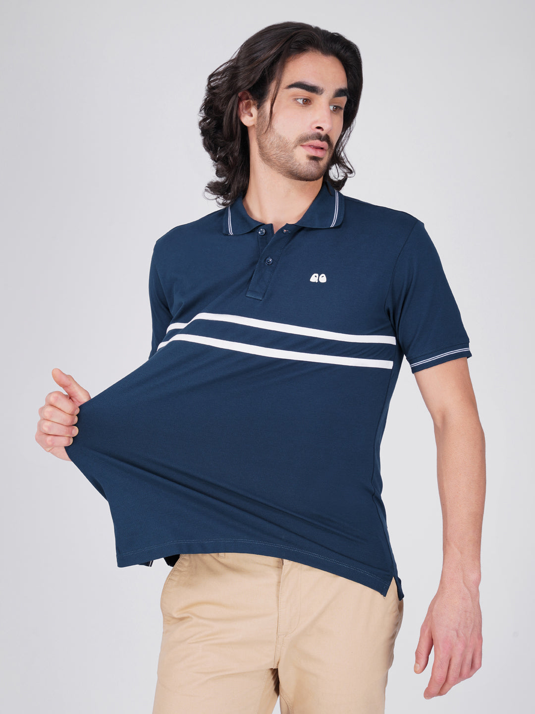 Men's  - Blue double-stripe Organic Cotton Polo T-Shirt with Anti Stain, Anti-Microbial Protection.
