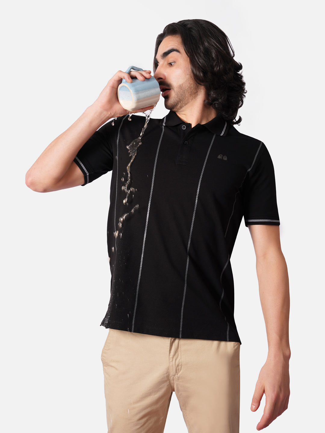 Men Black Printed Anti-Stain Anti-Odor Cotton Polo T-Shirt