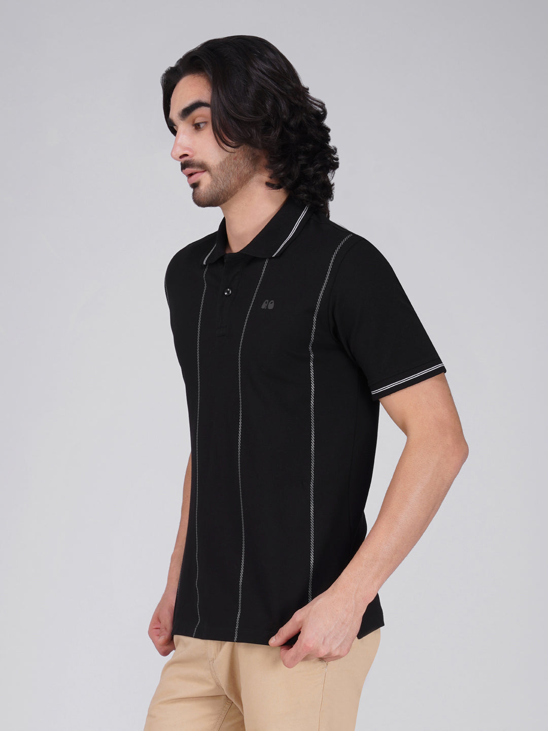 Men Black Printed Anti-Stain Anti-Odor Cotton Polo T-Shirt