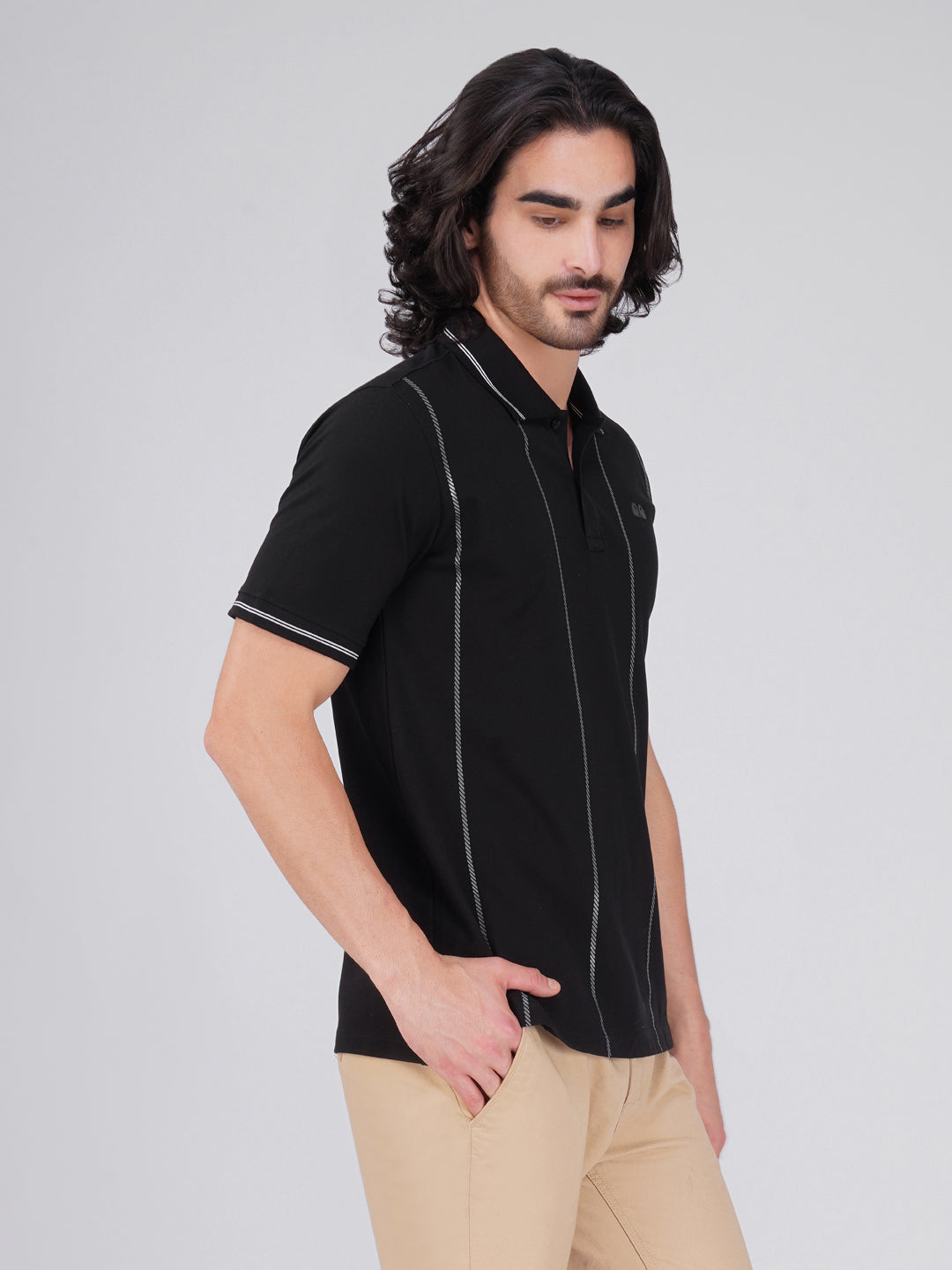 Men Black Printed Anti-Stain Anti-Odor Cotton Polo T-Shirt