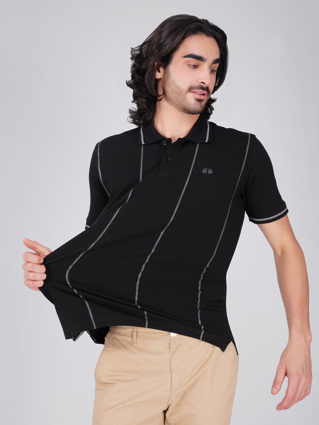 Men Black Printed Anti-Stain Anti-Odor Cotton Polo T-Shirt