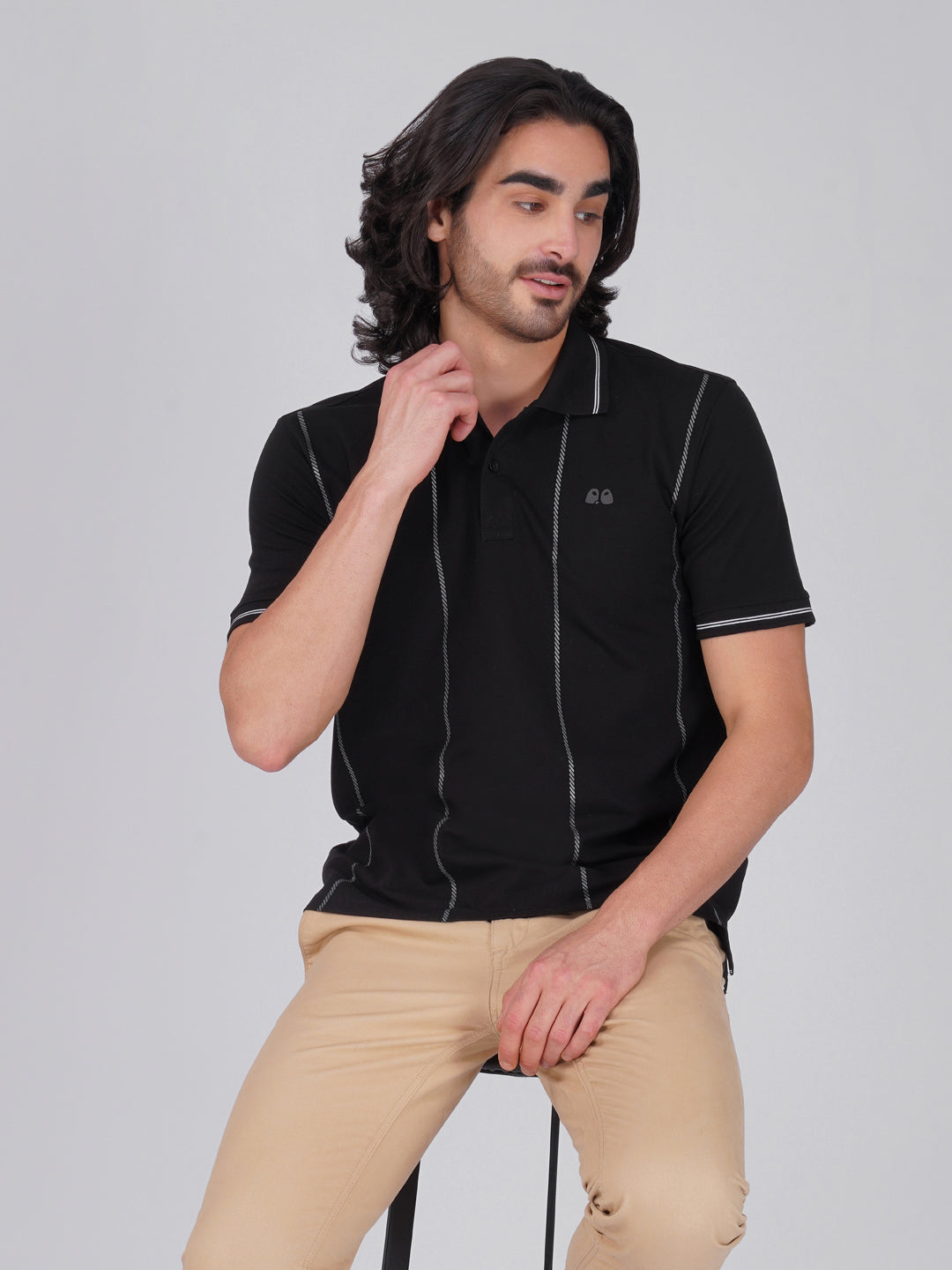 Men Black Printed Anti-Stain Anti-Odor Cotton Polo T-Shirt
