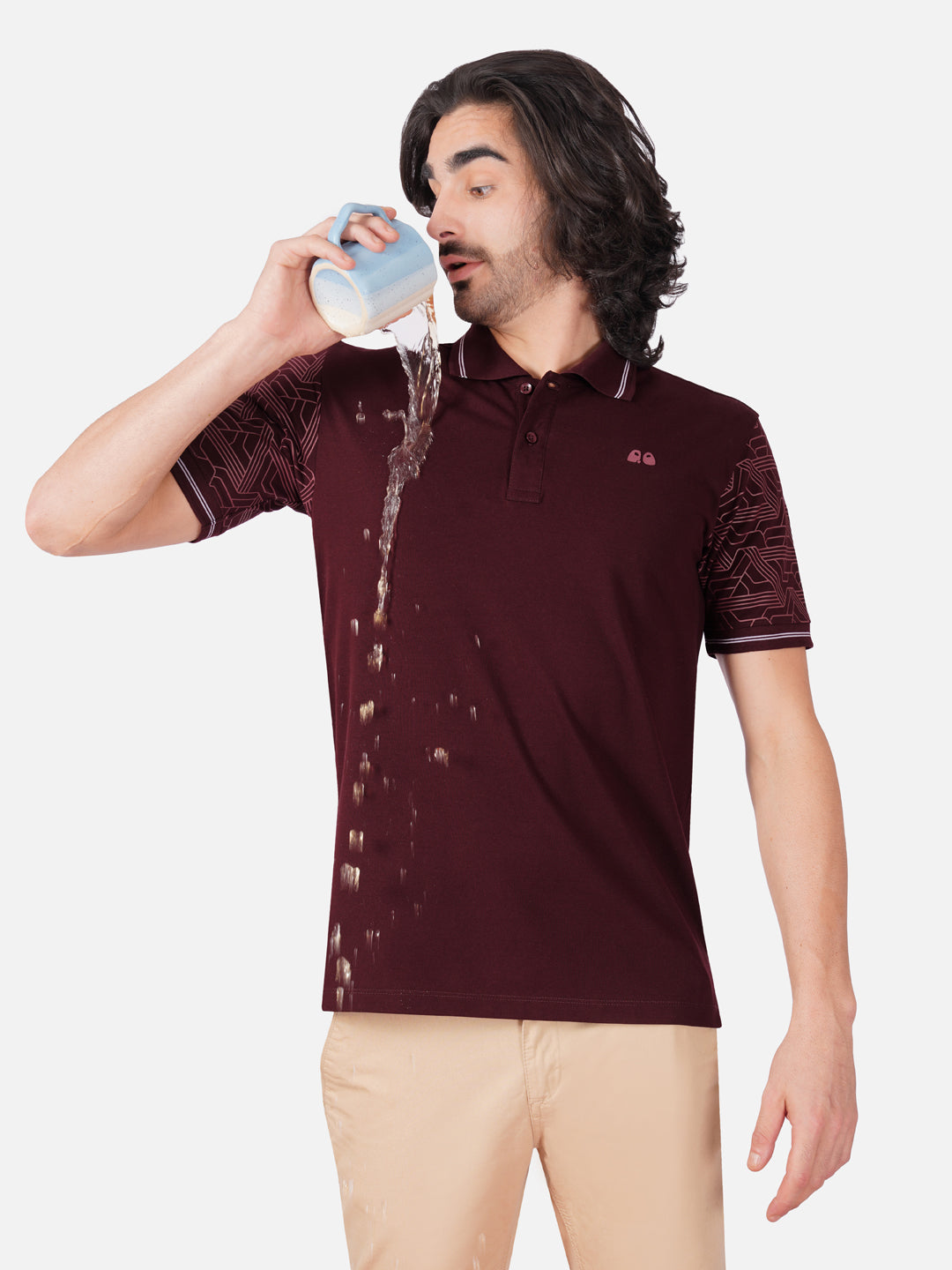 Men Wine Sleeves Printed Anti-Stain Anti-Odor Cotton Polo T-Shirt