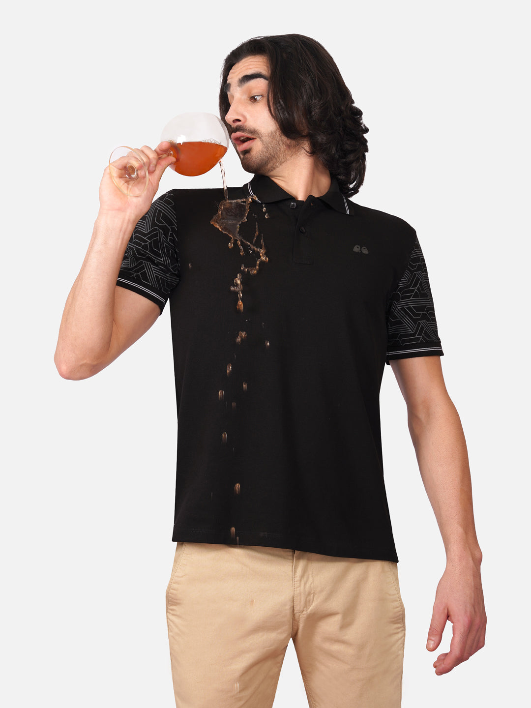 Men Black Sleeves Printed Anti-Stain Anti-Odor Cotton Polo T-Shirt