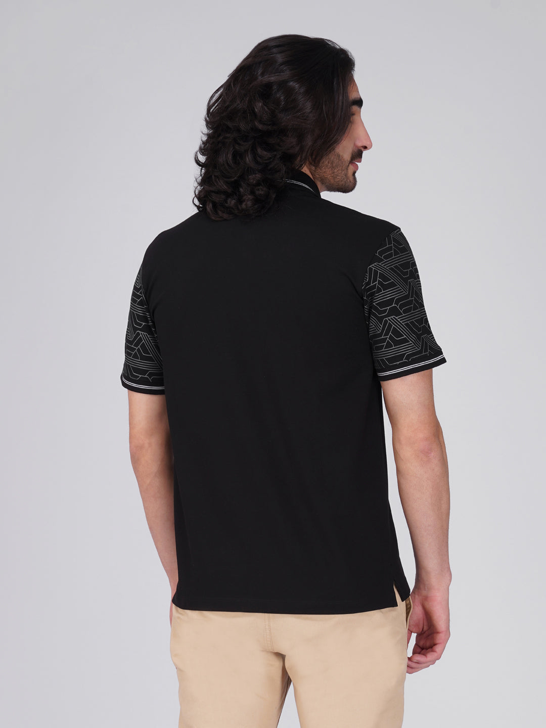 Men Black Sleeves Printed Anti-Stain Anti-Odor Cotton Polo T-Shirt