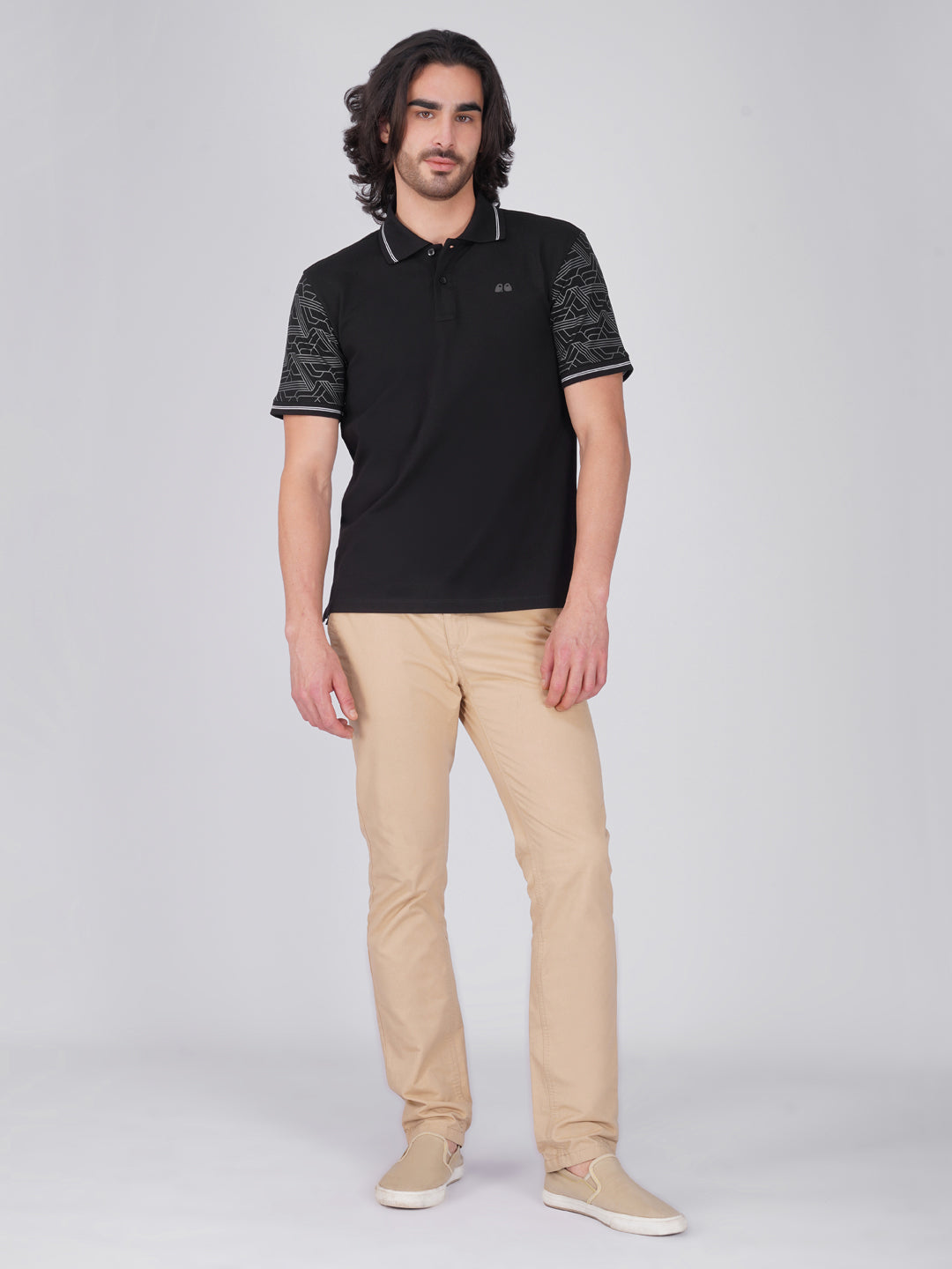 Men Black Sleeves Printed Anti-Stain Anti-Odor Cotton Polo T-Shirt