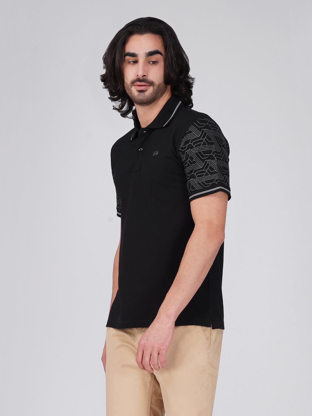 Men Black Sleeves Printed Anti-Stain Anti-Odor Cotton Polo T-Shirt