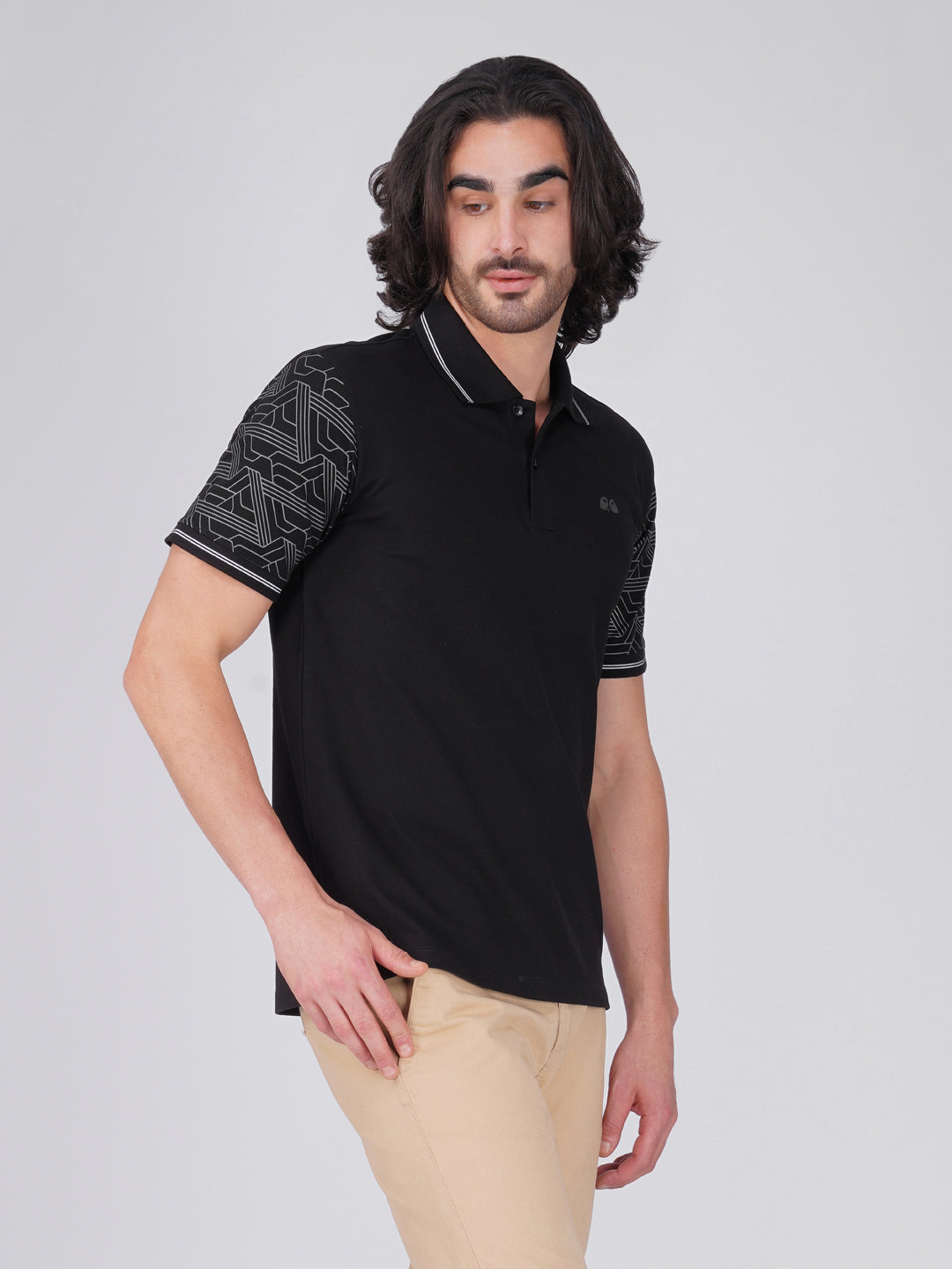 Men Black Sleeves Printed Anti-Stain Anti-Odor Cotton Polo T-Shirt