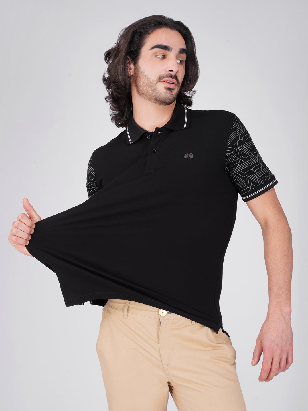 Men Black Sleeves Printed Anti-Stain Anti-Odor Cotton Polo T-Shirt