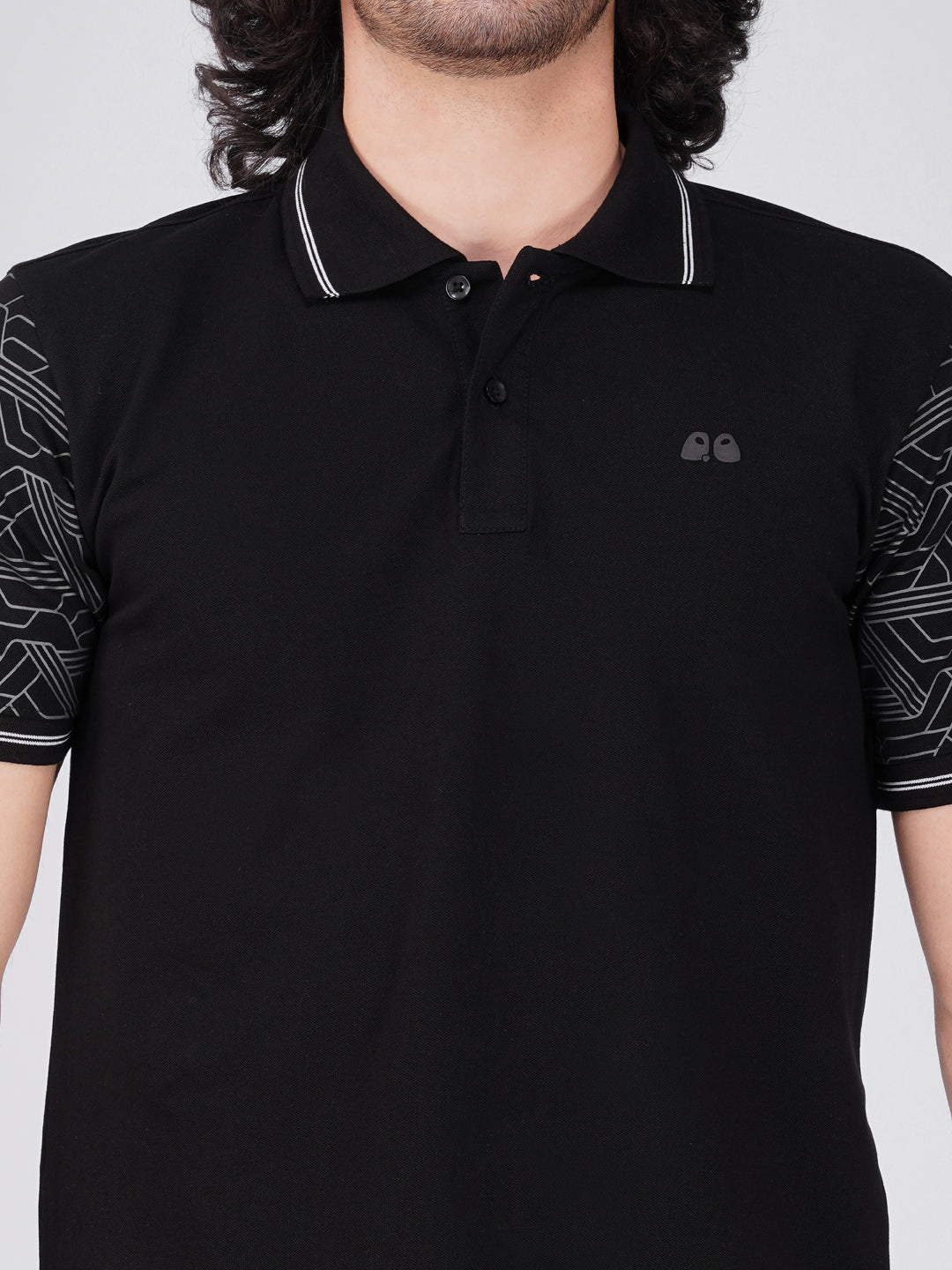 Men Black Sleeves Printed Anti-Stain Anti-Odor Cotton Polo T-Shirt