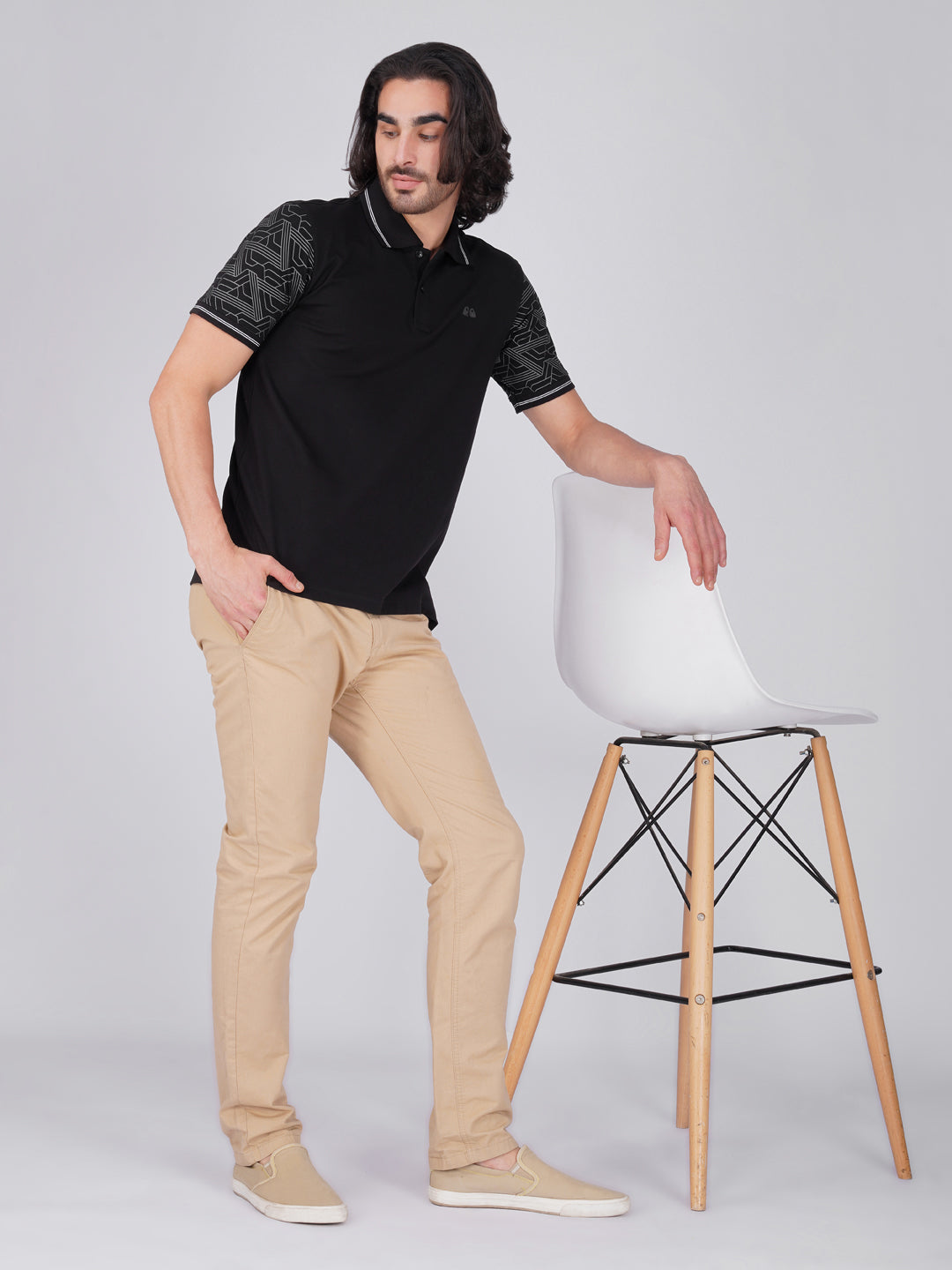 Men Black Sleeves Printed Anti-Stain Anti-Odor Cotton Polo T-Shirt