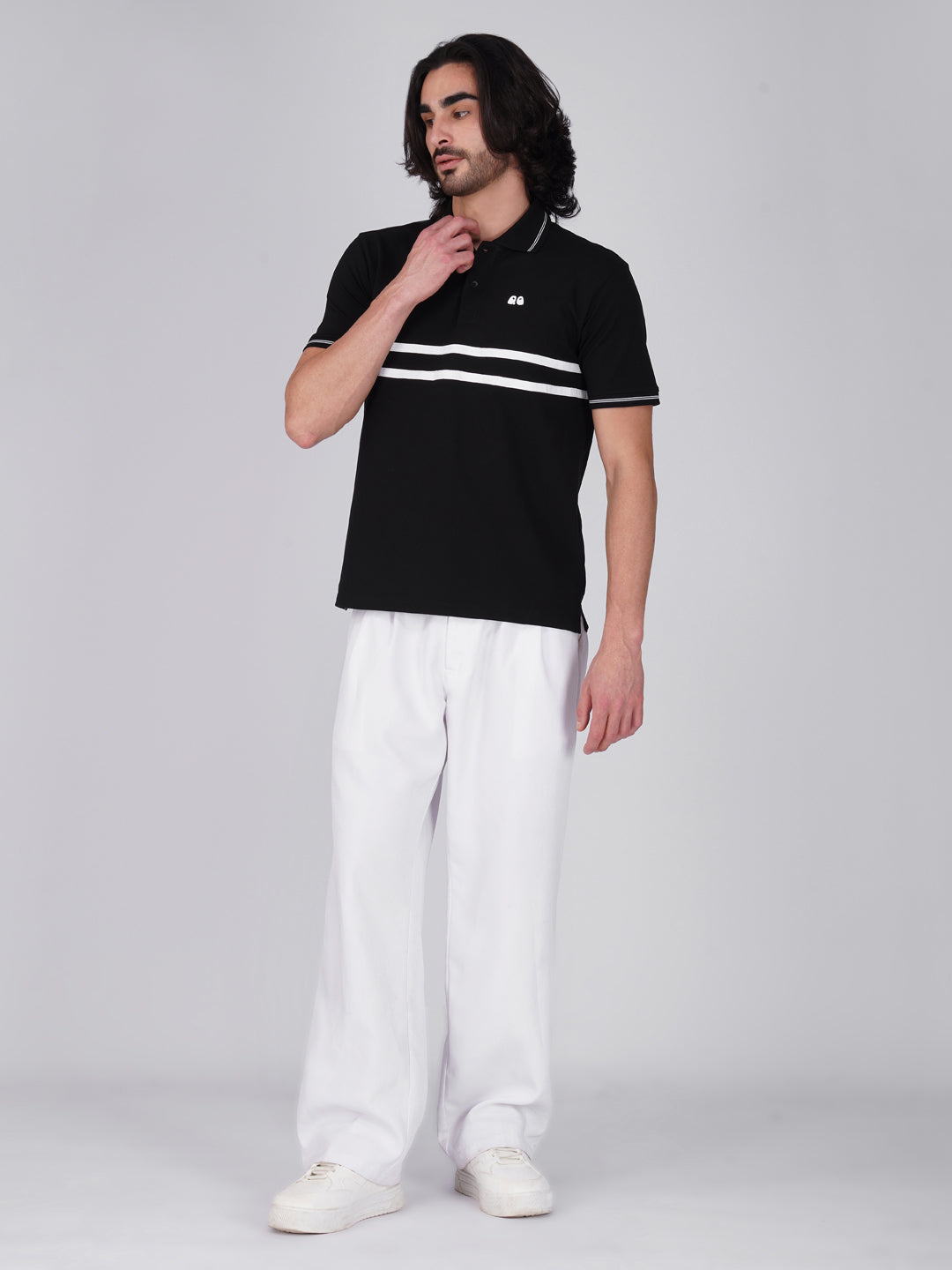 Men's  - Black double-stripe Organic Cotton Polo T-Shirt with Anti Stain, Anti-Microbial Protection.