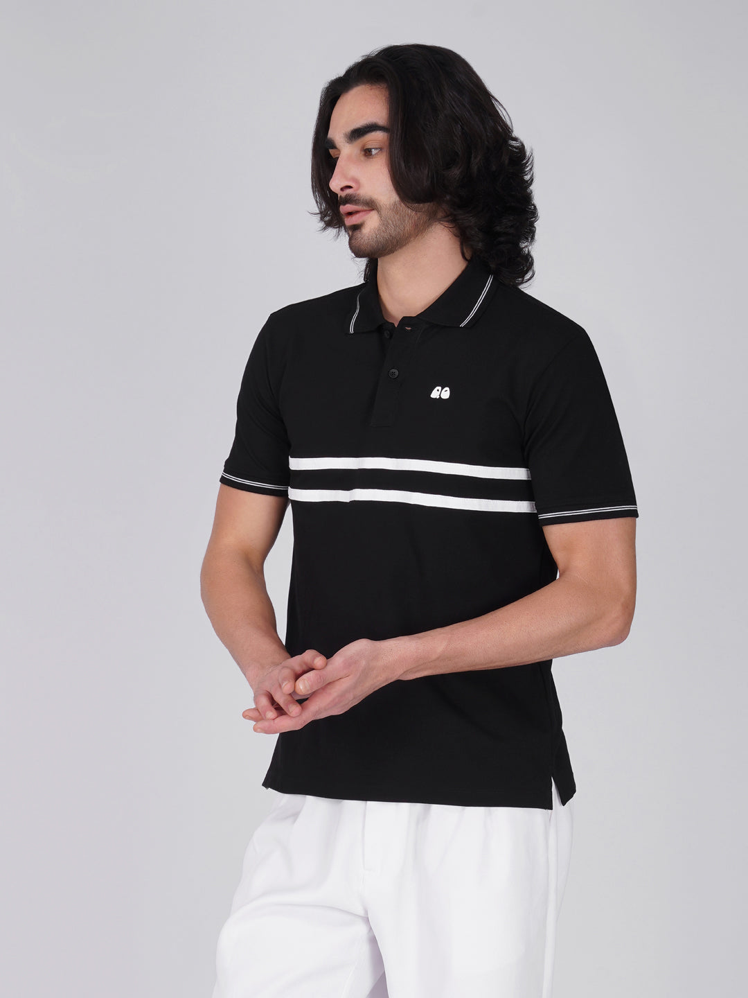 Men's  - Black double-stripe Organic Cotton Polo T-Shirt with Anti Stain, Anti-Microbial Protection.