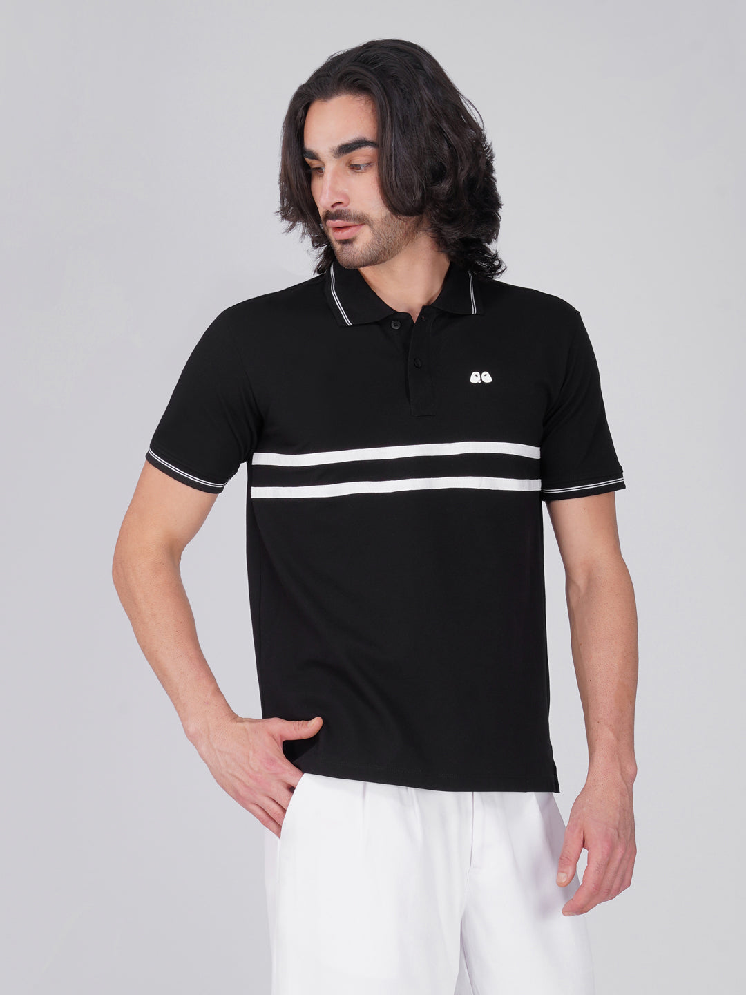 Men's  - Black double-stripe Organic Cotton Polo T-Shirt with Anti Stain, Anti-Microbial Protection.