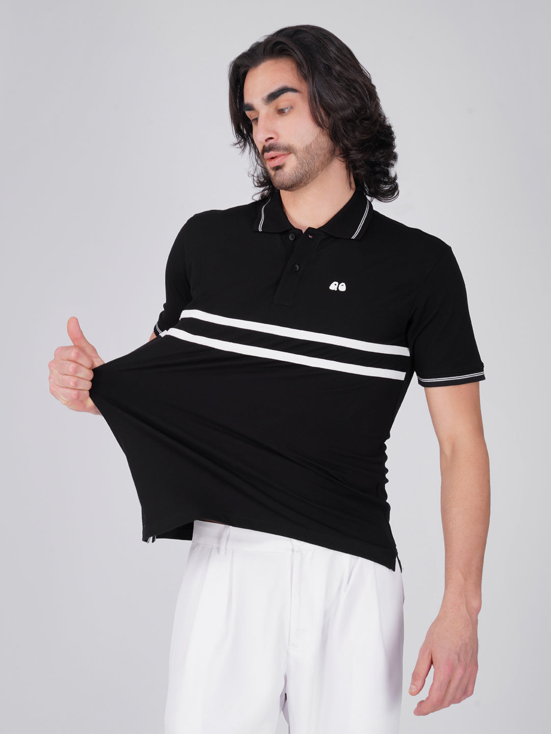 Men's  - Black double-stripe Organic Cotton Polo T-Shirt with Anti Stain, Anti-Microbial Protection.