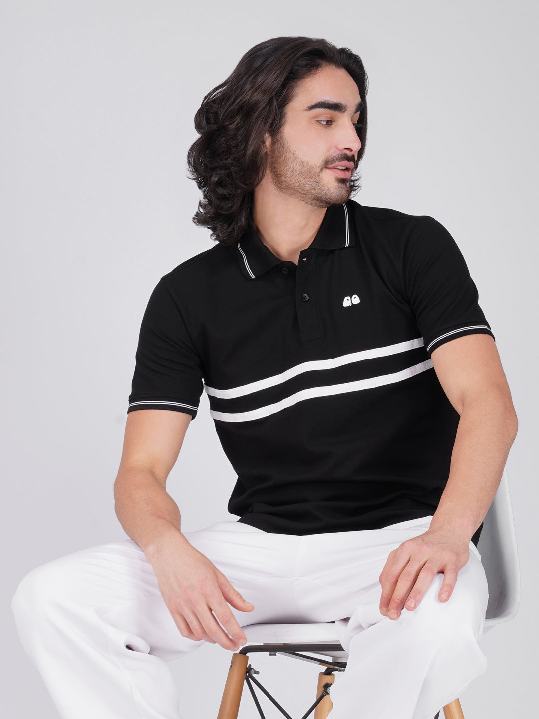 Men's  - Black double-stripe Organic Cotton Polo T-Shirt with Anti Stain, Anti-Microbial Protection.
