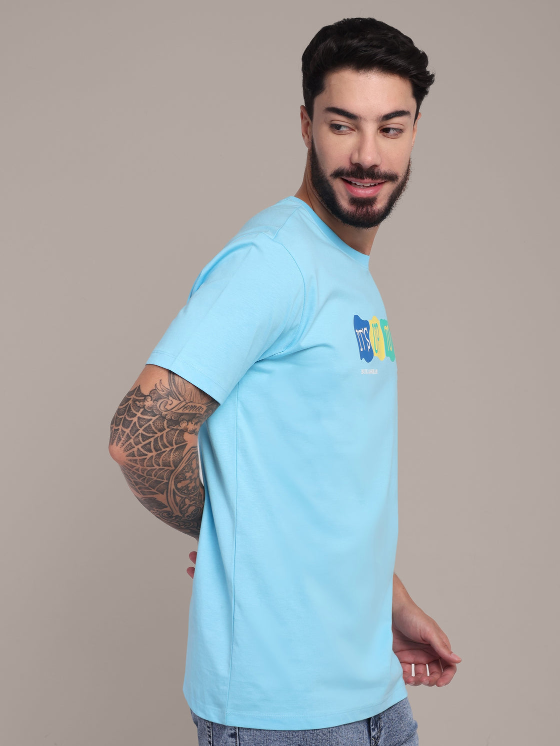 Men's Sky Blue Printed Anti-Stain Cotton Round-Neck T-Shirt