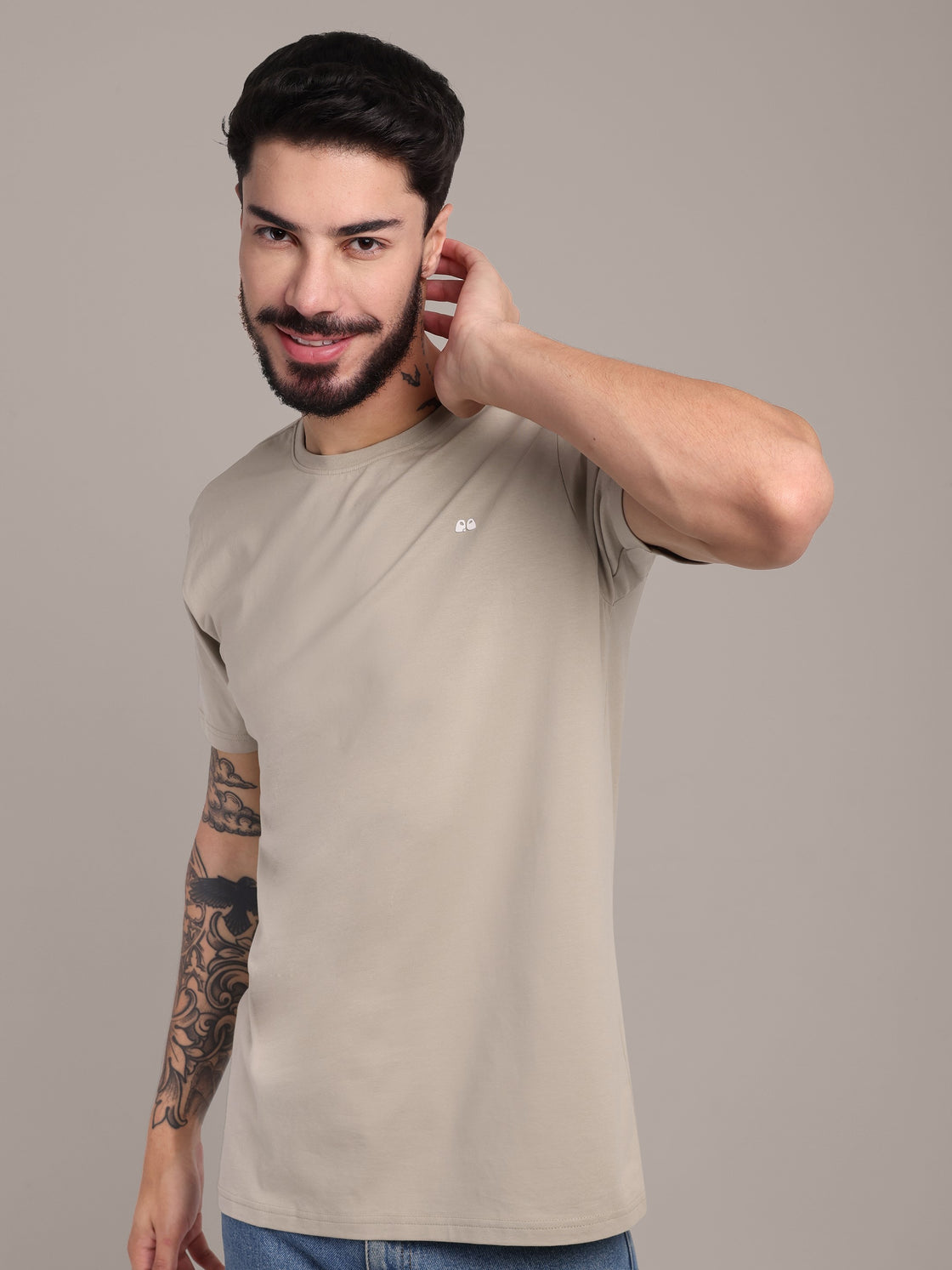 Men's Beige Anti-Stain Cotton Round Neck T-Shirt