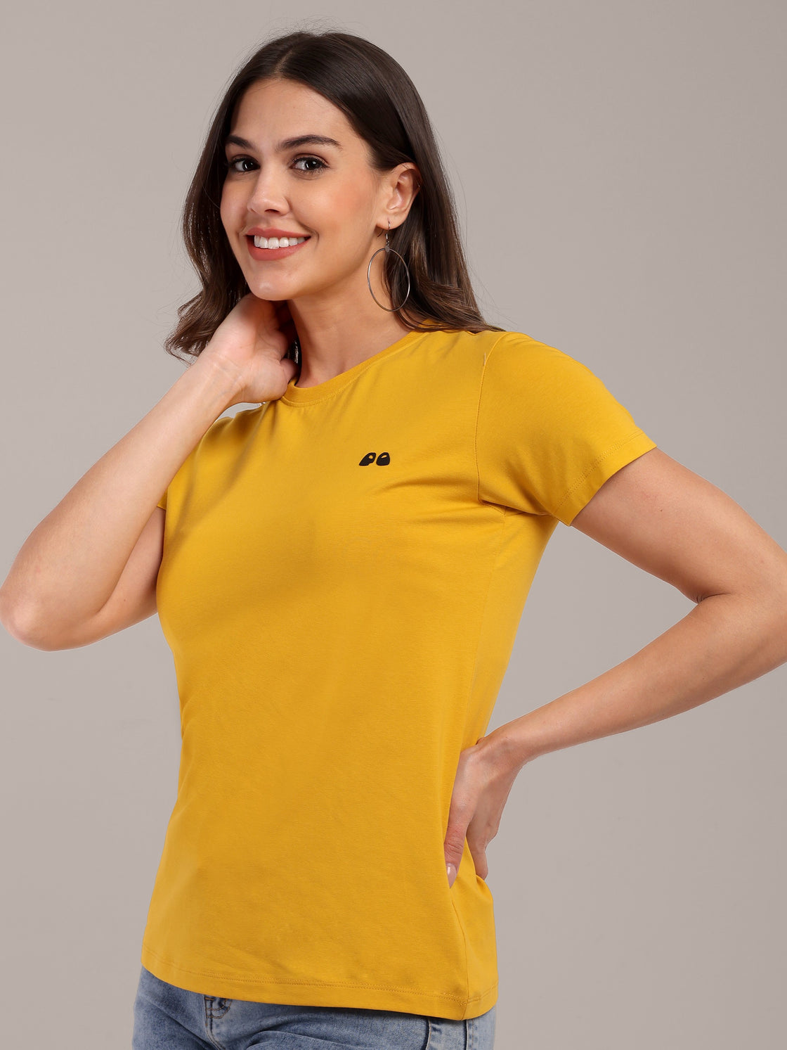 Woman Mustard Anti-Stain Cotton Round-Neck T-Shirt