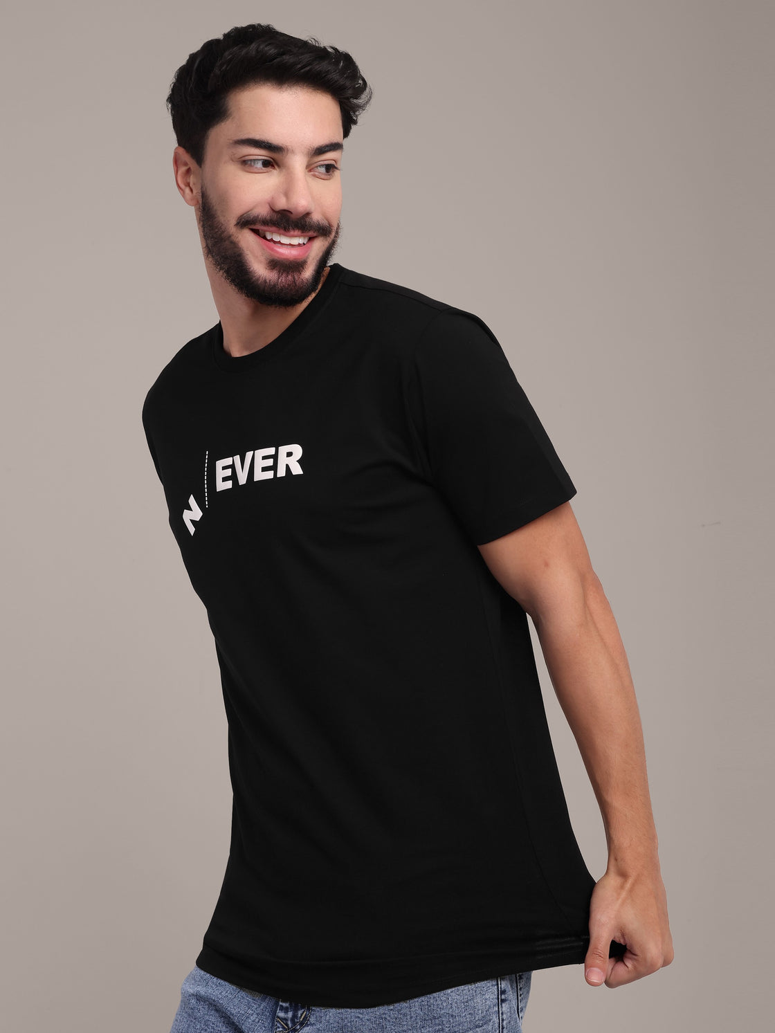 Men's Black Printed Anti-Stain Cotton Round-Neck T-Shirt