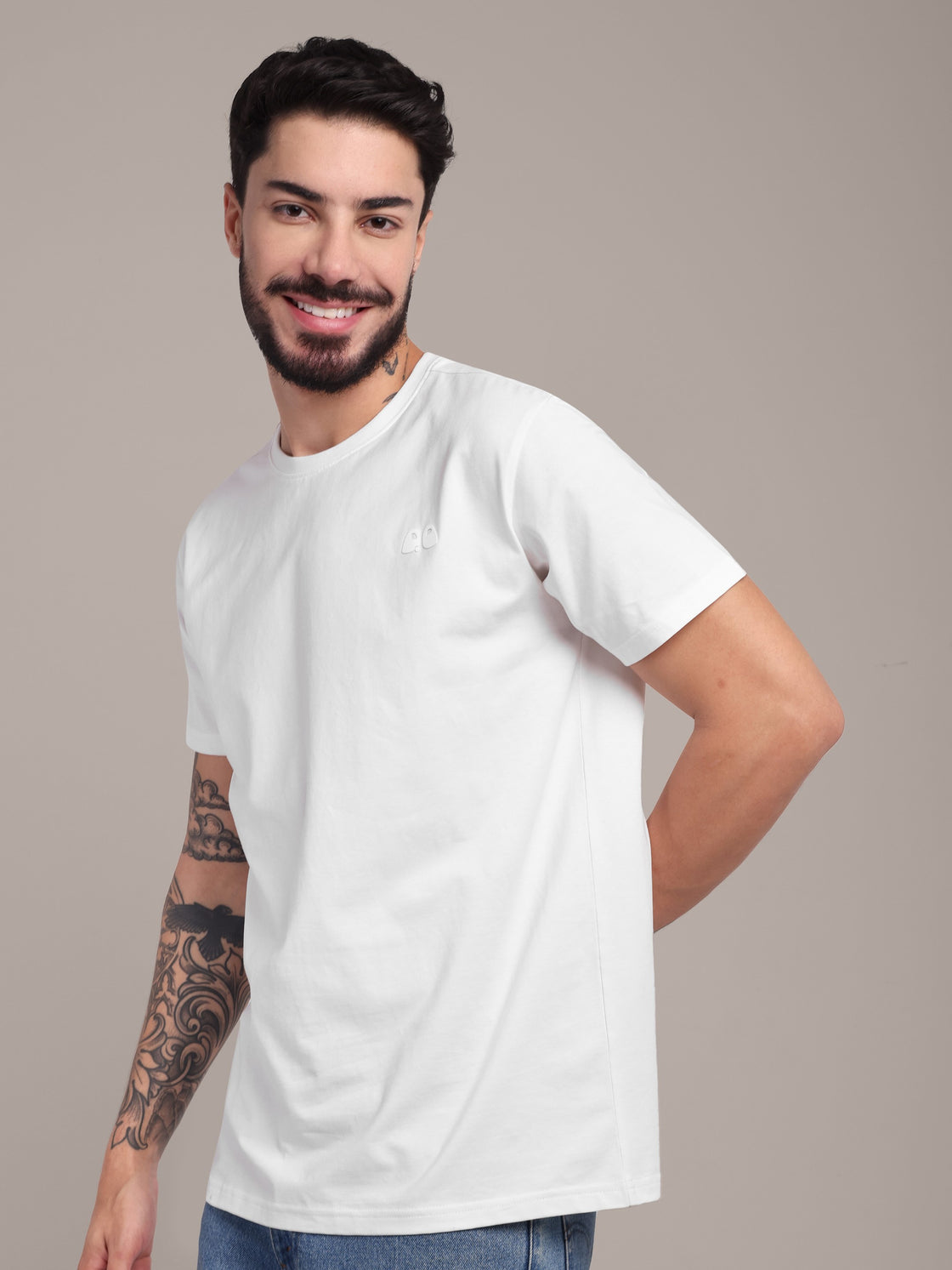 Men's White Anti-Stain Cotton Round Neck T-Shirt