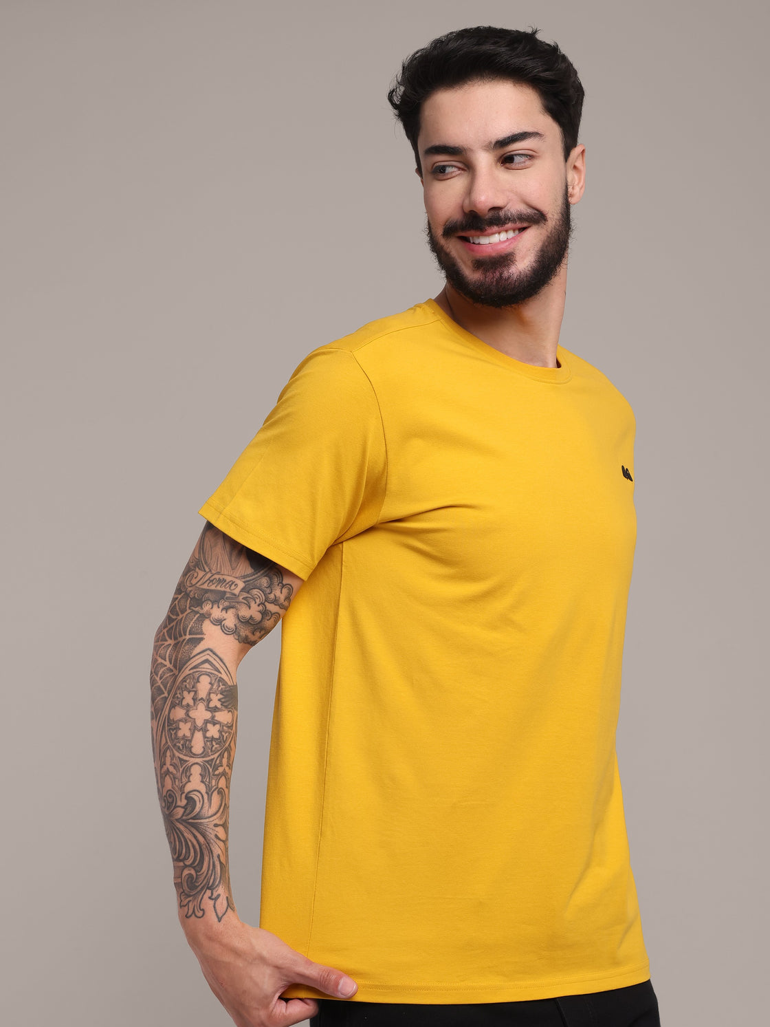 Men's Mustard Anti-Stain Cotton Round Neck T-Shirt