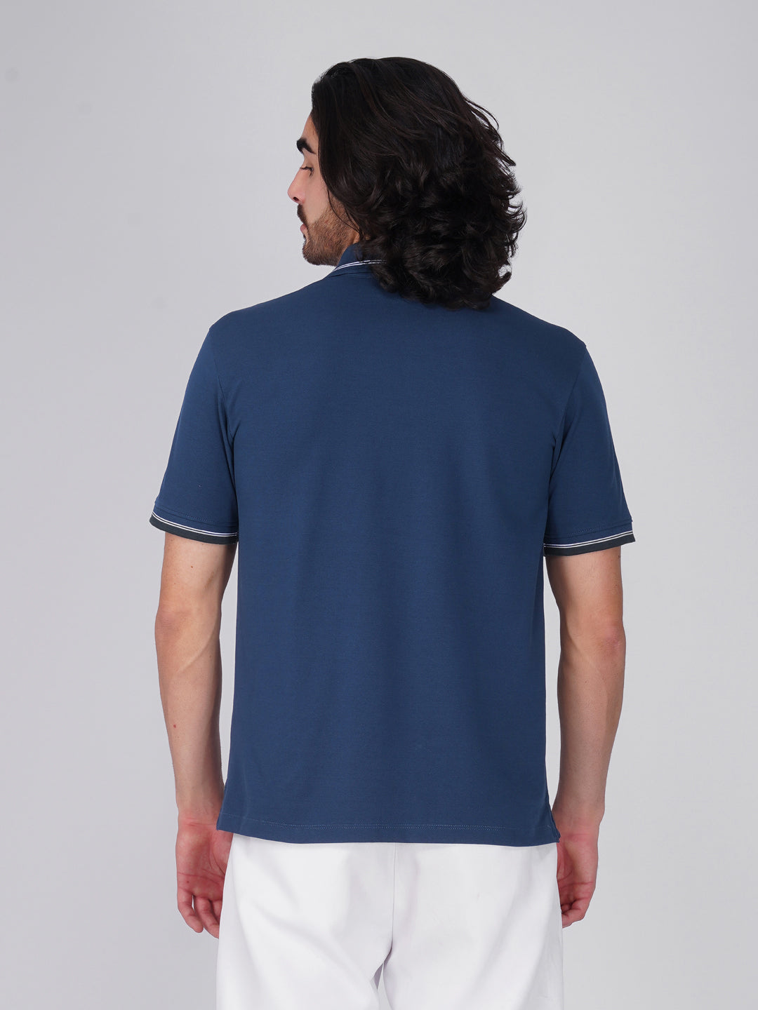 Men Blue Printed Anti-Stain Anti-Odor Cotton Polo T-Shirt