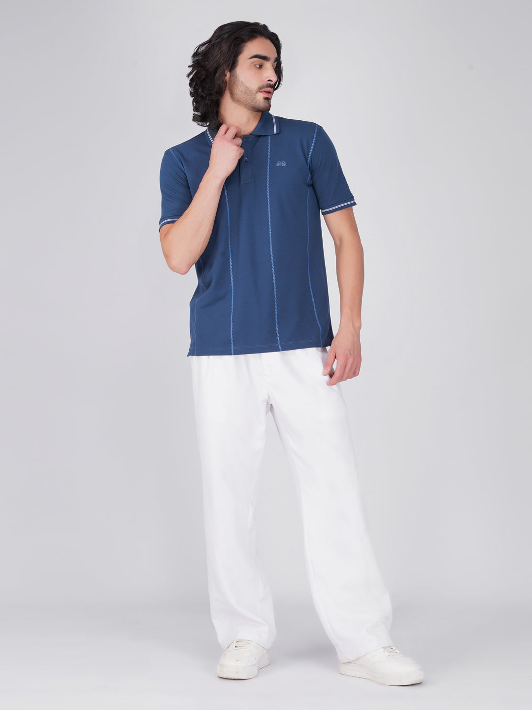 Men Blue Printed Anti-Stain Anti-Odor Cotton Polo T-Shirt