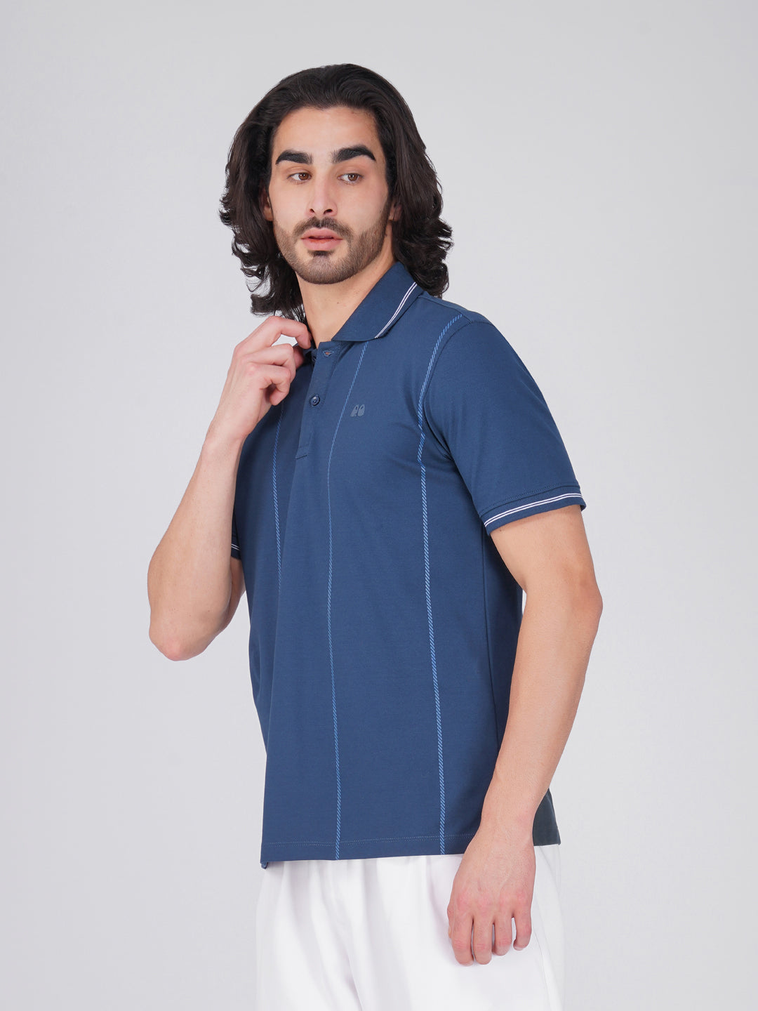 Men Blue Printed Anti-Stain Anti-Odor Cotton Polo T-Shirt
