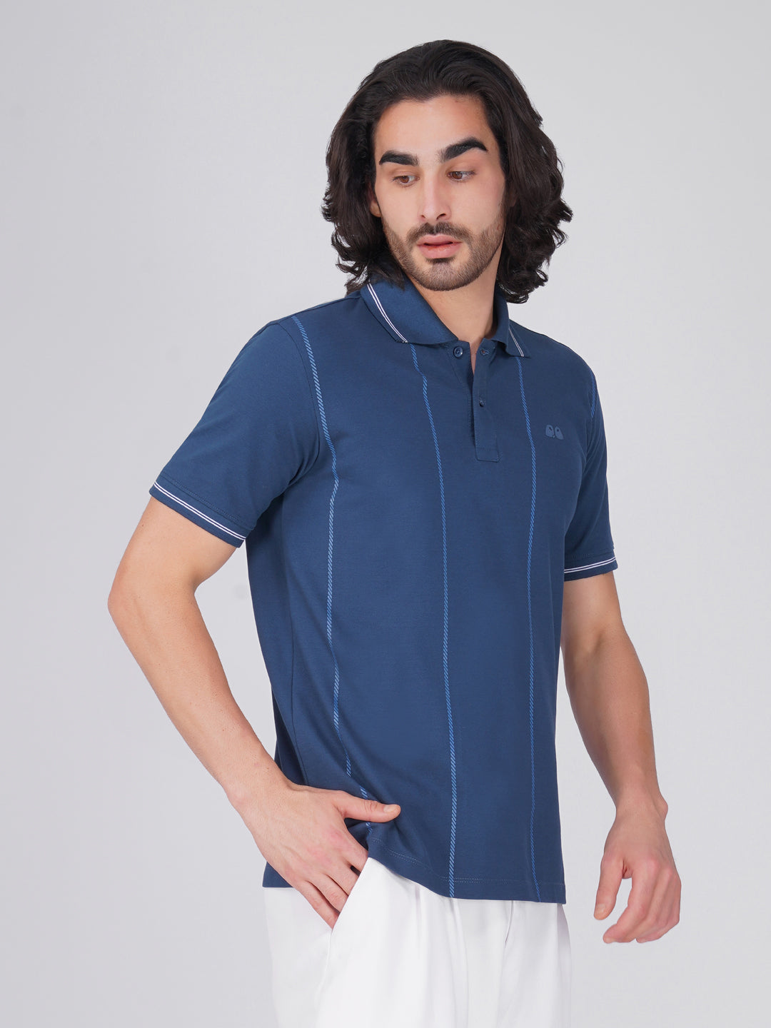 Men Blue Printed Anti-Stain Anti-Odor Cotton Polo T-Shirt