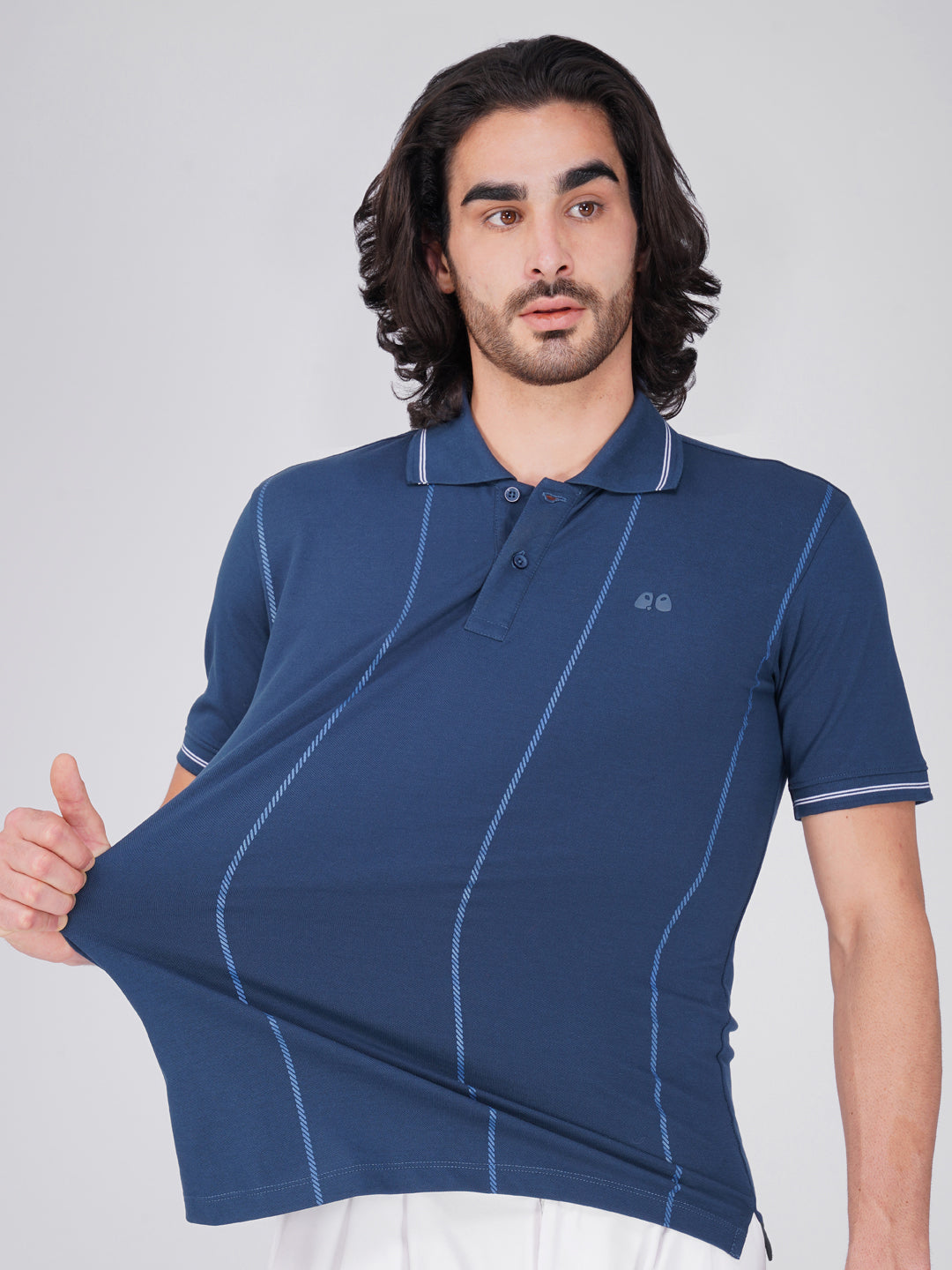 Men Blue Printed Anti-Stain Anti-Odor Cotton Polo T-Shirt