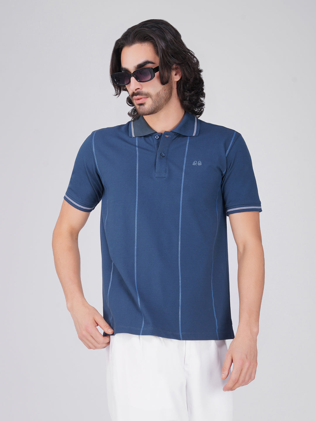 Men Blue Printed Anti-Stain Anti-Odor Cotton Polo T-Shirt