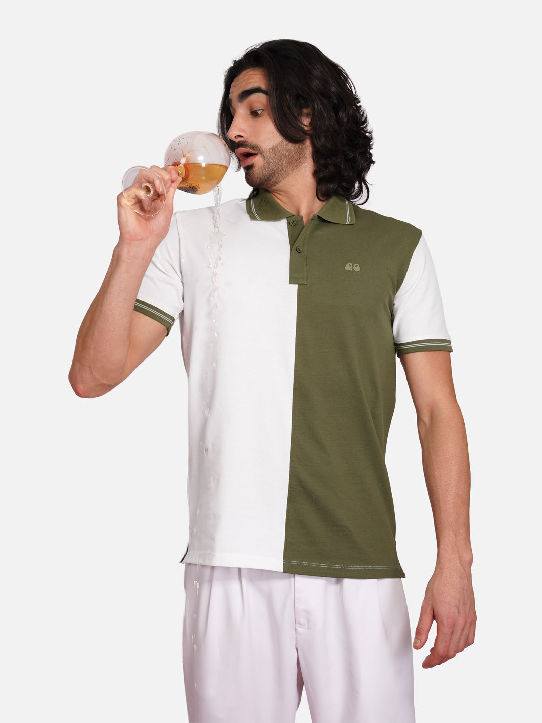 Men's Organic Cotton Polo T-Shirt with Anti Stain, Anti-Microbial Protection, Stain-Release - Care Finish White & Olive Green
