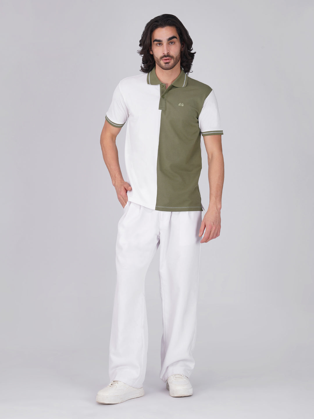Men's Organic Cotton Polo T-Shirt with Anti Stain, Anti-Microbial Protection, Stain-Release - Care Finish White & Olive Green
