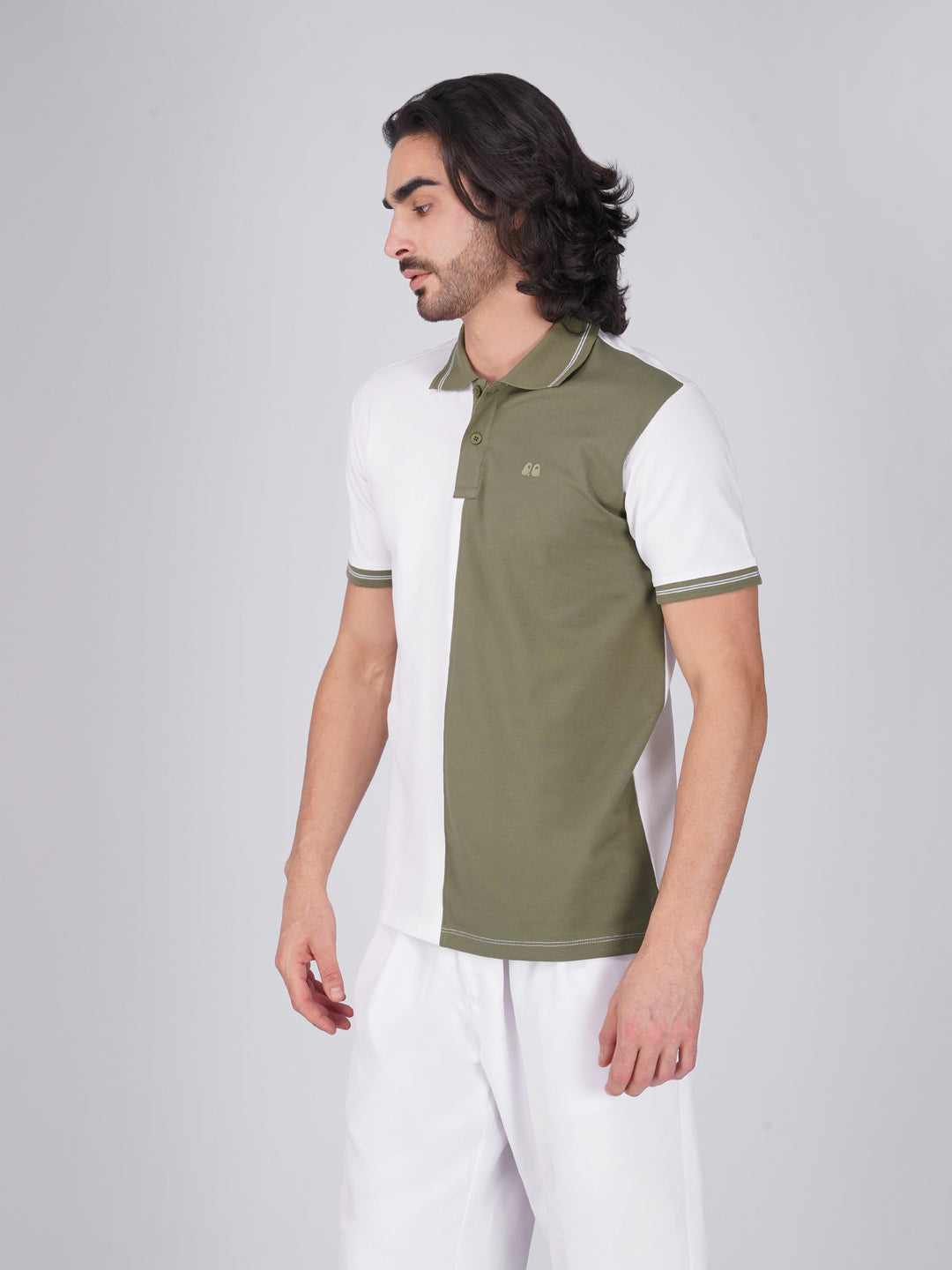 Men's Organic Cotton Polo T-Shirt with Anti Stain, Anti-Microbial Protection, Stain-Release - Care Finish White & Olive Green