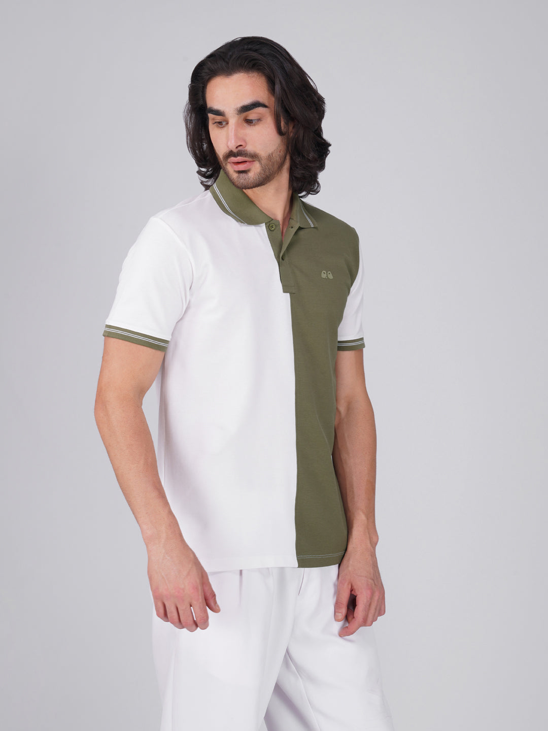 Men's Organic Cotton Polo T-Shirt with Anti Stain, Anti-Microbial Protection, Stain-Release - Care Finish White & Olive Green